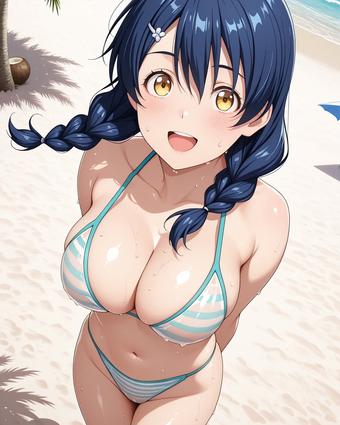 2025 ai_generated beach beach_umbrella belly blue_bikini blue_hair coconut flower_in_hair instagram looking_at_viewer meta not_porn ocean open_mouth pekoillust pink_cheeks sand smile_at_viewer smiling_at_viewer sun sunlight sunlight_rays tree tropical_beach tropical_tree tummy unknown_character unknown_female unnamed_character wet_bikini wet_body wet_skin yellow_eyes