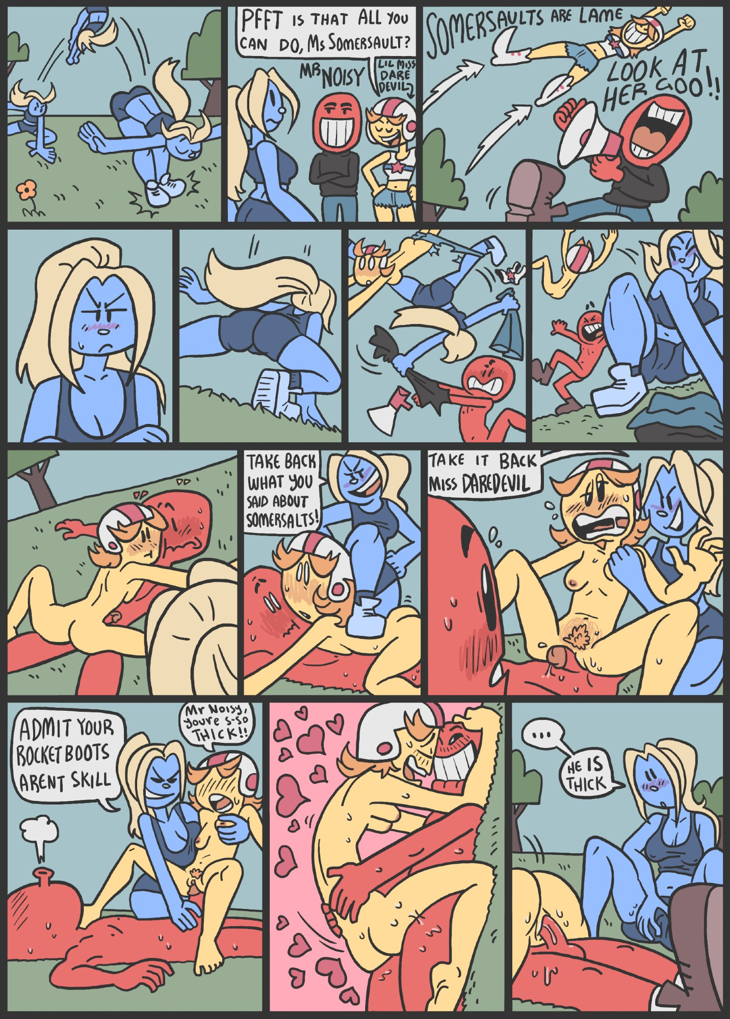 accidental circumstance, accidental sex, aroused, ass, breasts, cum, female, little miss daredevil, little miss somersault, mr. men, mr. noisy, nude, pussy, samrockwell420, sex, stolen clothes