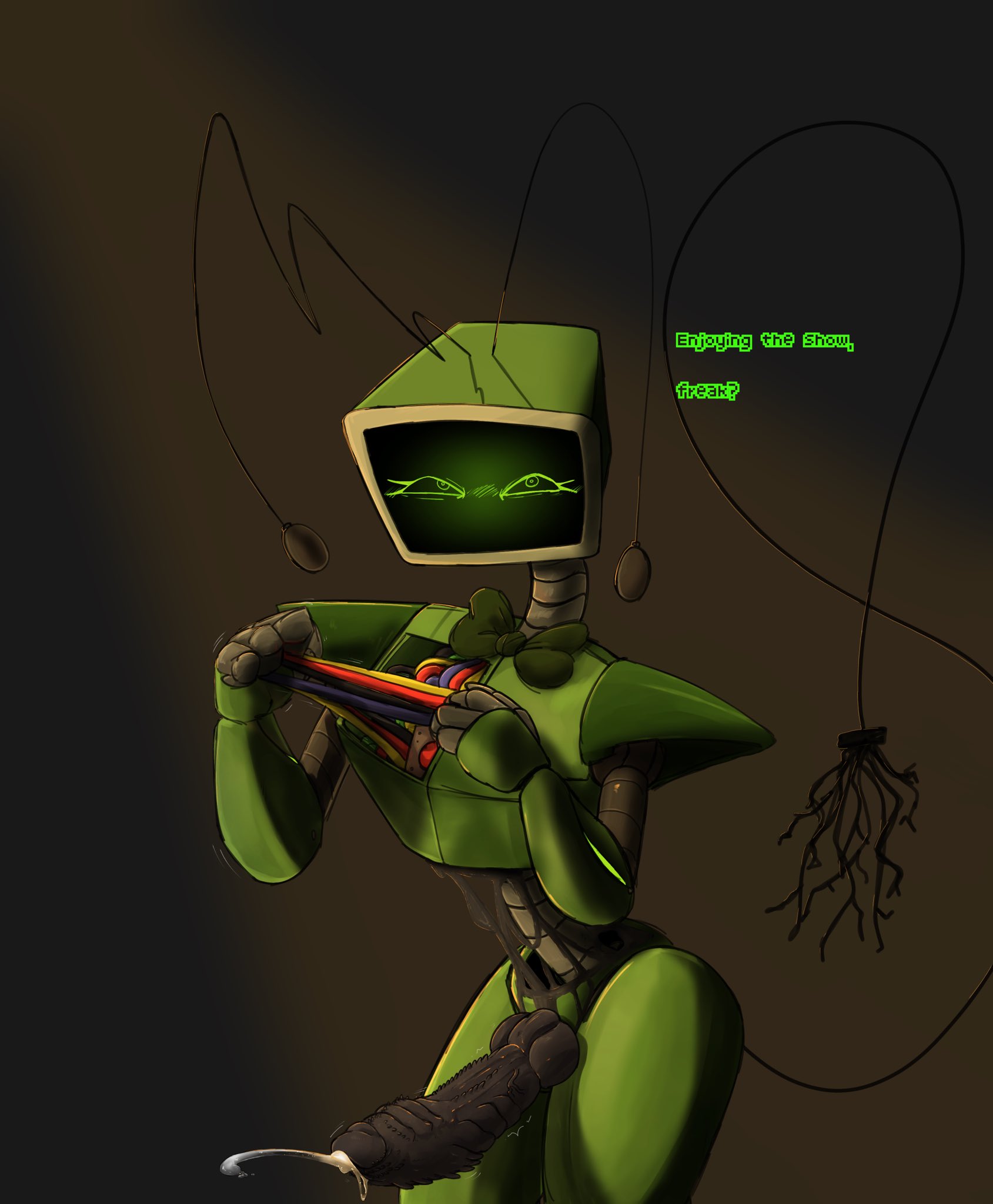1futa, big penis, blush, cum, dandy's world, erection, female, futanari, intersex, object head, penis, roblox game, robot, robot girl, screen face, solo, solo futa, tv head, twisted vee (dandy's world), vee (dandy's world), w0rmier, wireplay