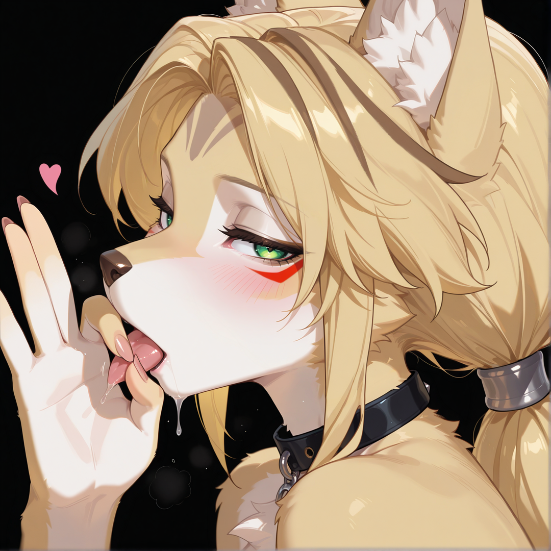 ai generated, animal ears, animal nose, blonde fur, blonde hair, blowjob gesture, brown fur, brown hair, cat ears, choker, fellatio gesture, female, furry, green eyes, kao140522, looking at viewer, multicolored fur, multicolored hair, ponytail, pulchra (zenless zone zero), pulchra fellini, saliva, tongue, tongue out, zenless zone zero