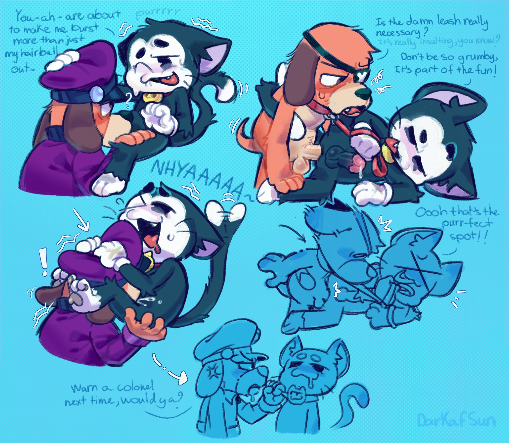 after oral, anal, anal sex, anthro, blowjob, bodily fluids, brawl stars, canid, canine, clothed, collar, colonel ruffs, comic, cum, cum in mouth, darkafsun, dialogue, feline, gay, genital fluids, genitals, hi res, kit (brawl stars), leaking precum, male, male only, male/male, mammal, naked, non-human, non-human only, oral, oral sex, orgasm, penetration, precum, supercell, text