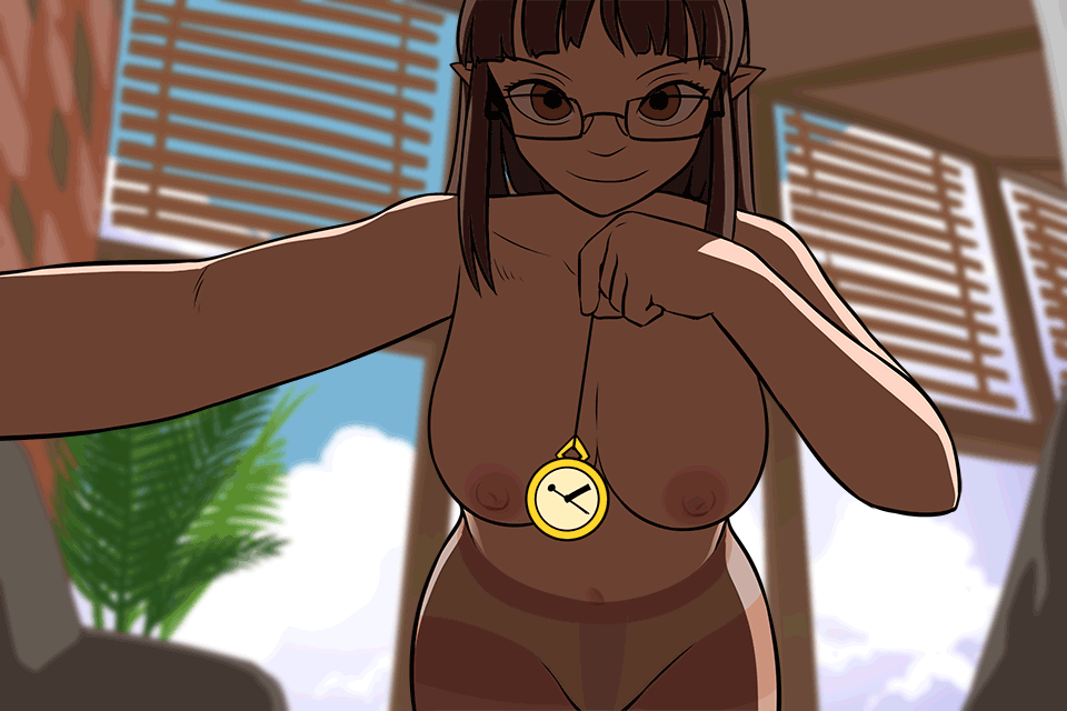 animated animated breasts brown_hair elf_ears female_only femdom glasses large_breasts looking_at_viewer original panties pantyhose pendulum pocket_watch pov pov_sub sleepymaid topless underwear