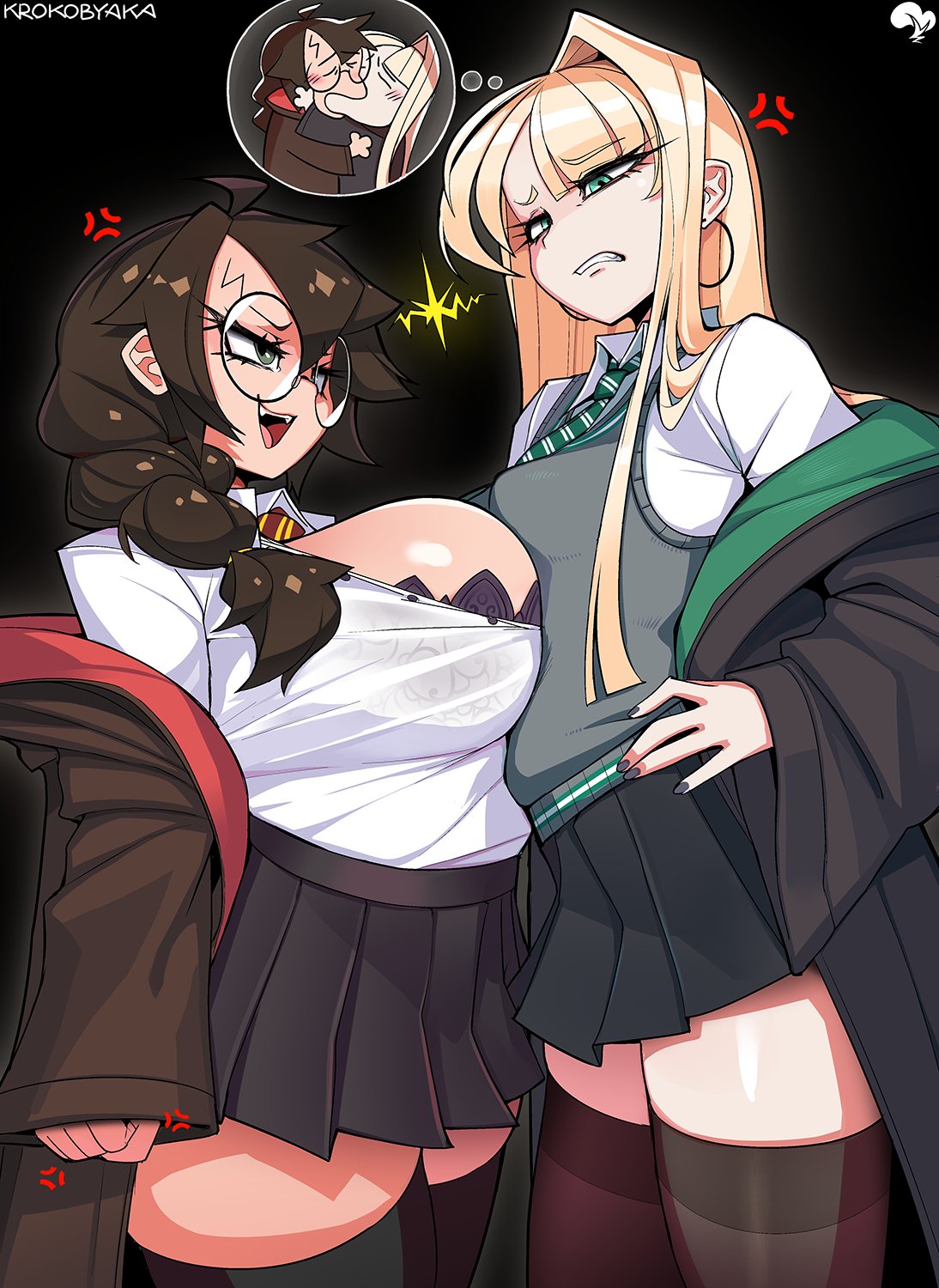 2girls, breasts, draco malfoy, draco malfoy (redteneri), female, female focus, genderswap, harry james potter, harry potter, krokobyaka, large breasts, light skin, light-skinned female, looking at another, rule 63, thick thighs, thighs, wide hips
