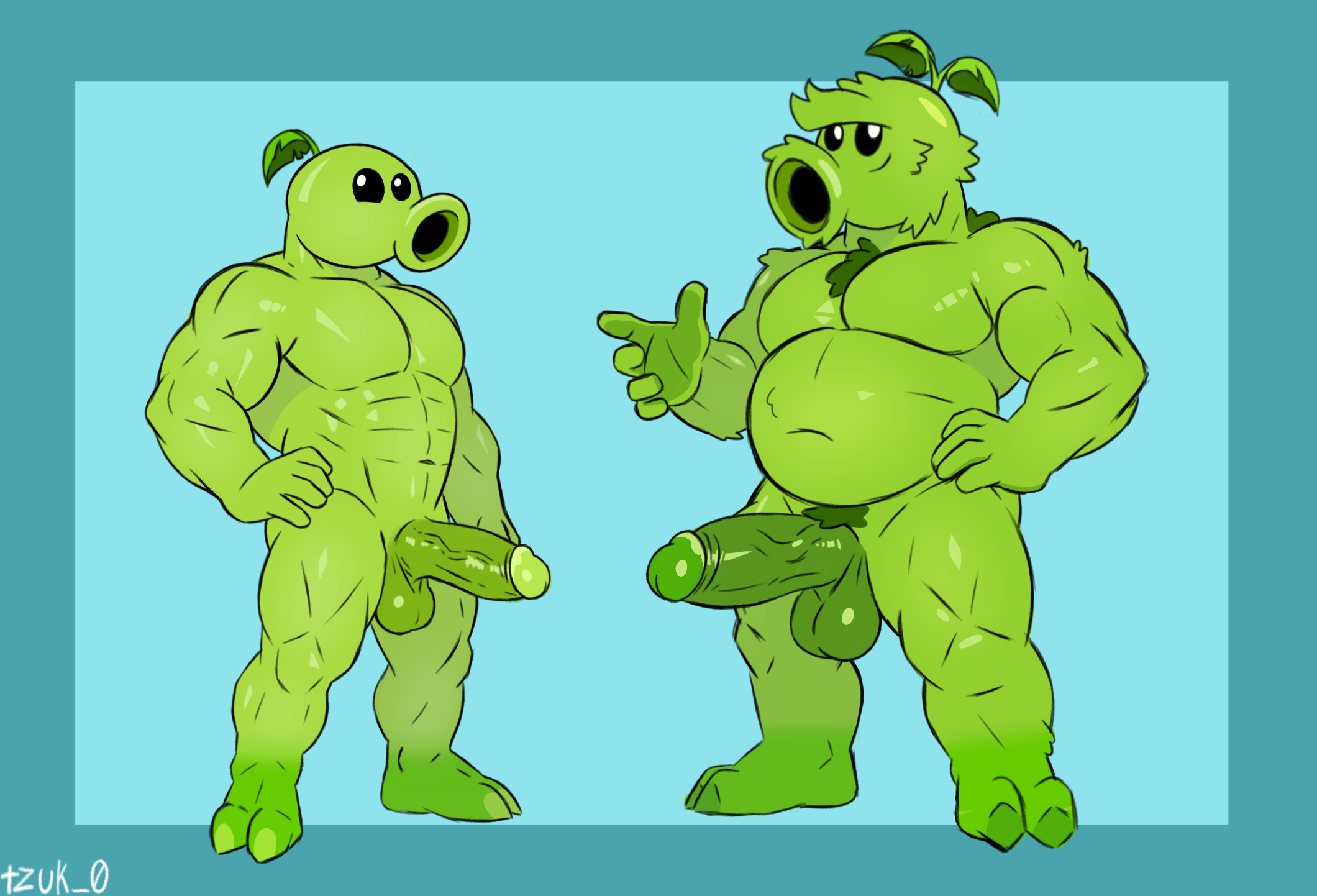 2boys, balls, bfad, big balls, big penis, elemental creature, elemental humanoid, erect nipples, erect penis, erection, flora fauna, genitals, green body, humanoid, leaves, male, male only, muscular, nipples, nude, nude anthro, nude male, peashooter (pvz), penis, plant, plant humanoid, plants vs zombies, plants vs zombies 2: it's about time, plants vs. zombies, primal peashooter (pvz), pvz23074