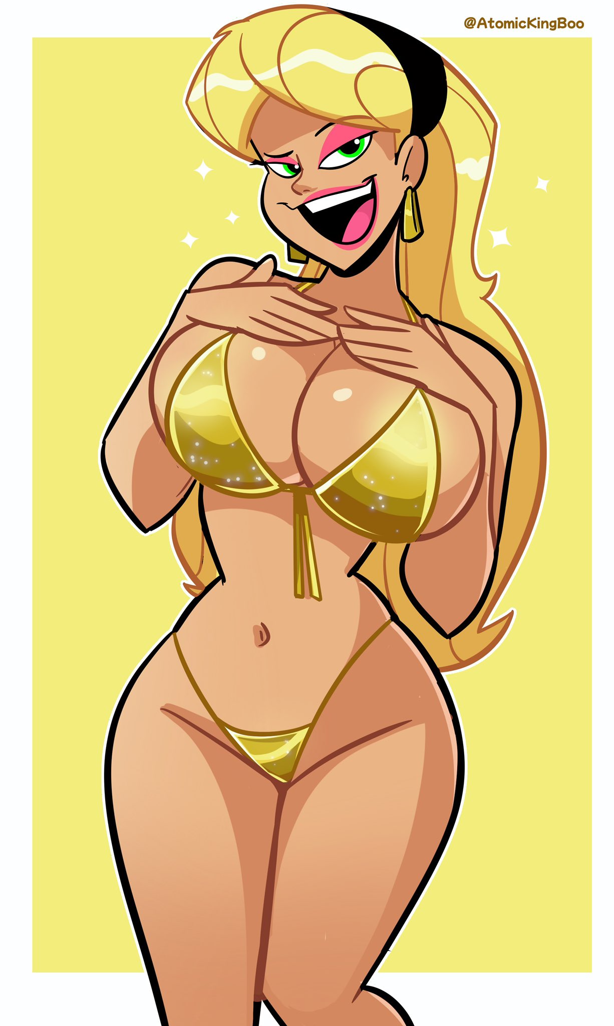 1girls 2025 artist_name ass atomickingboo big_ass big_breasts bikini bikini_only blonde blonde_female blonde_hair blonde_hair_female breasts ear_piercing english english_text eyeshadow female female_focus female_only gold_bikini hairband jpg light-skinned_female light_skin lipstick mostly_nude mostly_nude_female nude nude_female oc original original_character pierced_ears piercing piercings pink_eyeshadow pink_lipstick sarah_mcneil solo solo_female solo_focus sparkle sparkles tagme text the_besties_(atomickingboo) thick_thighs thighs twitter_link
