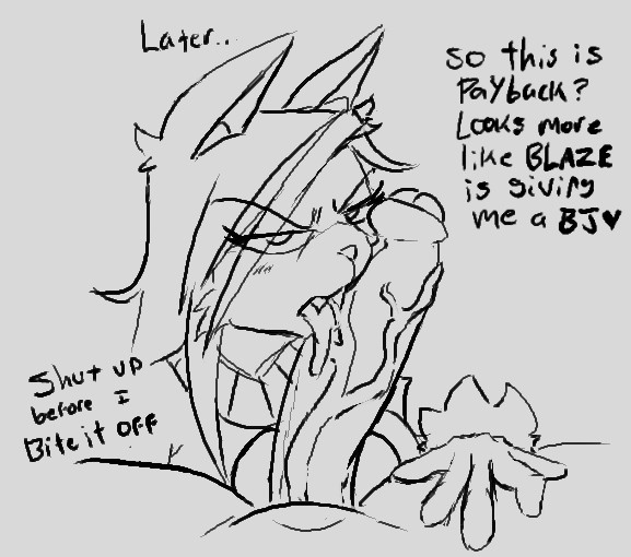 annoyed anthro blush blush_lines cosplay dialogue duo embarrassed fellatio female genitals jenne_(roccorox) licking looking_at_viewer male male/female oral penile penis penis_lick roccorox sex tongue vein veiny_penis