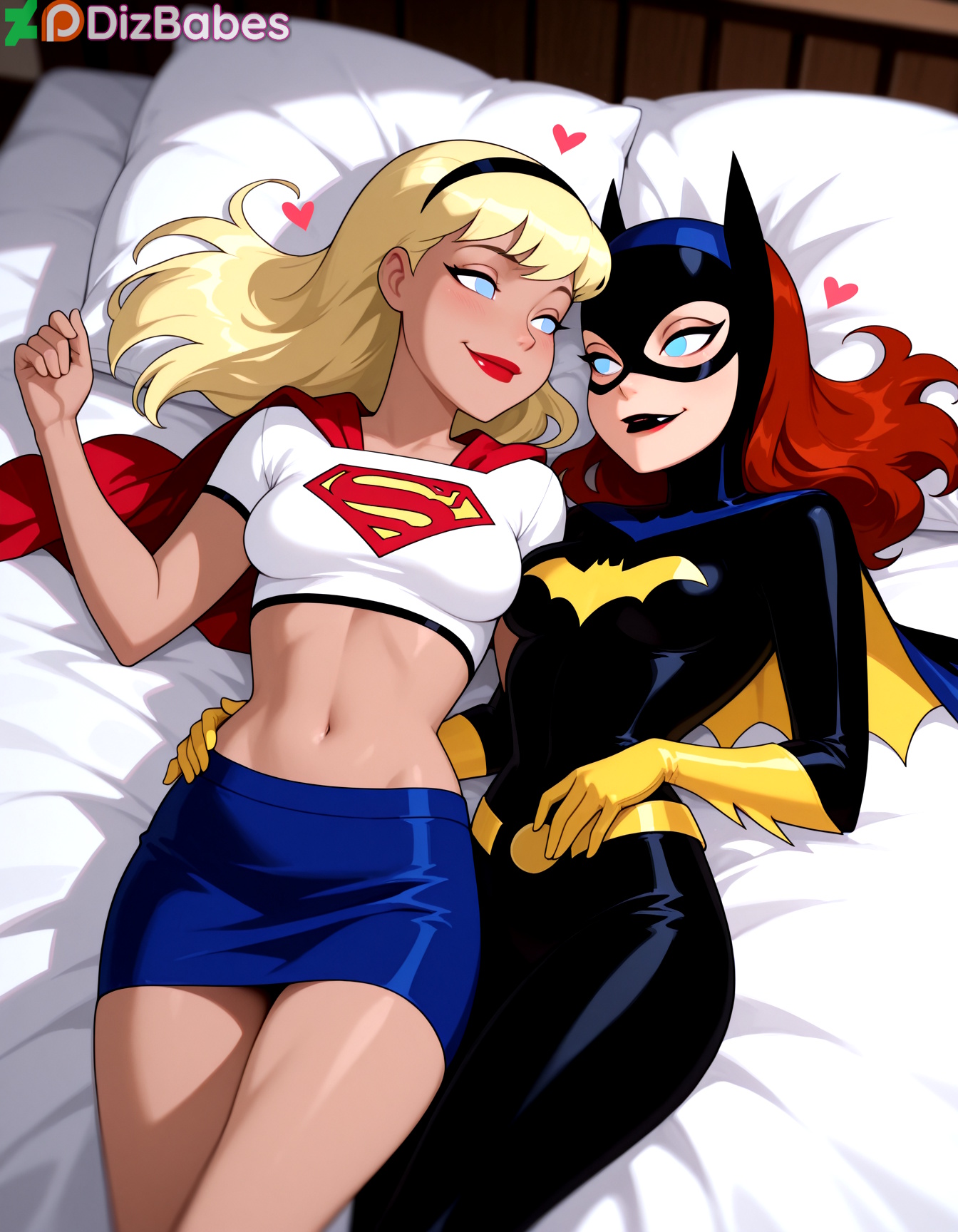 2girls, ai generated, arm around partner, barbara gordon, batgirl, batman (series), batman: the animated series, bed, bedroom, belt, blonde hair, blue eyes, bodysuit, cape, cuddling, dc, dc comics, dcau, dizbabes, female, female only, gloves, hairband, hand on another's hip, heart, justice league, justice league unlimited, kara zor-el, lipstick, looking at another, looking at partner, lying, mask, midriff, miniskirt, navel, on back, on bed, red cape, red hair, red lipstick, shirt, smile, stable diffusion, supergirl, superheroine, superman (series), superman: the animated series, t-shirt, the new batman adventures, yellow gloves, yuri
