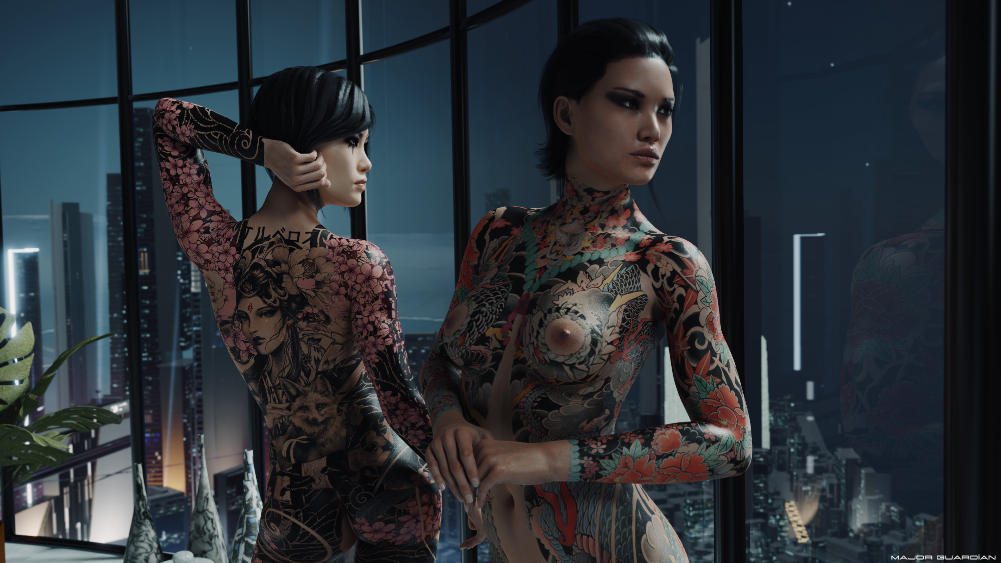 2girls, 3d, asian, asian female, ass, caitlyn connors, casual, completely naked, completely nude, faith connors, faith connors (mirror's edge catalyst), female, female only, full body tattoo, human, isabel kruger, major guardian, mirror's edge, mirror's edge catalyst, naked, naked female, night, night sky, nipples, nonsexual, nonsexual nudity, nude, nude female, nudist, pale skin, tattoo, tattooed arm, tattooed female, tattoos, window, yakuza tattoo