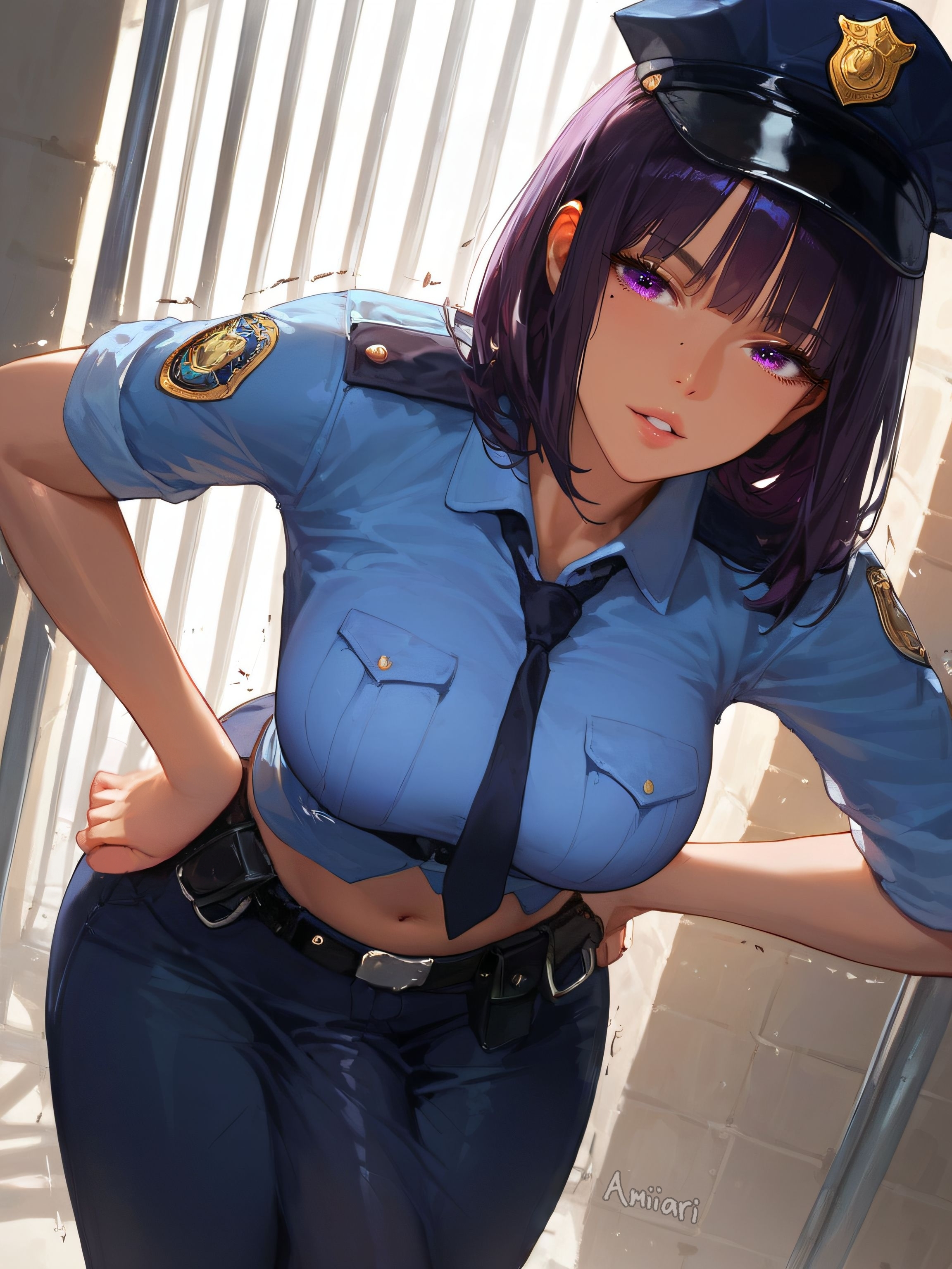 1futa, absurd res, ai generated, akira (amiiari), amiiari, ass bigger than head, bent over, big breasts, big penis, breasts, bulge, bulge down leg, bulge through clothing, detailed, dickgirl, erection, erection under clothes, futanari, hands on hips, highres, hips, huge breasts, intersex, large penis, long penis, massive penis, midriff, mole under eye, original character, parted lips, penis, penis to the knees, penis under clothes, police, police hat, police officer, police uniform, policewoman, prison, prison cell, purple eyes, purple hair, short hair, skindentation, solo futa, standing, thick thighs, tie, voluptuous
