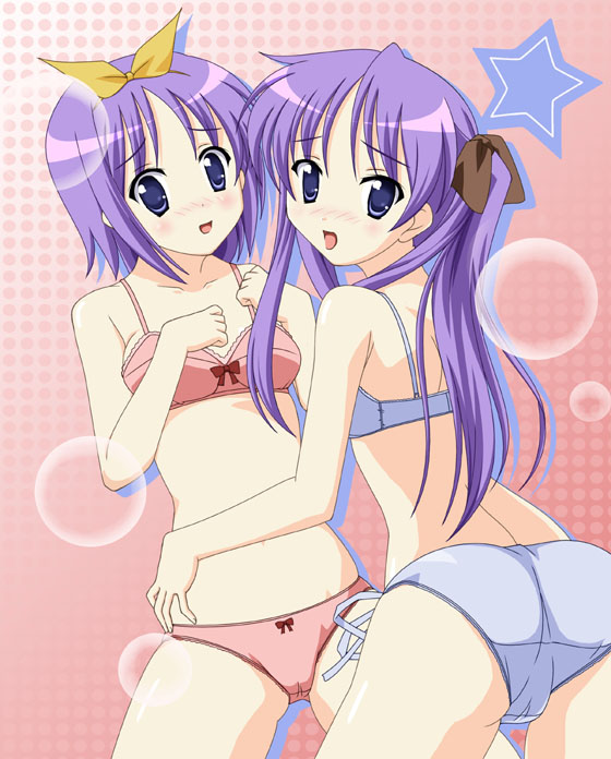 2000s 2girl blue_eyes chobi_(angel) female kagami_hiiragi lavender_hair looking_back_at_viewer lucky_star short_hair smiling_at_partner smiling_at_viewer tagme tsukasa_hiiragi twins twintails underwear_only very_long_hair