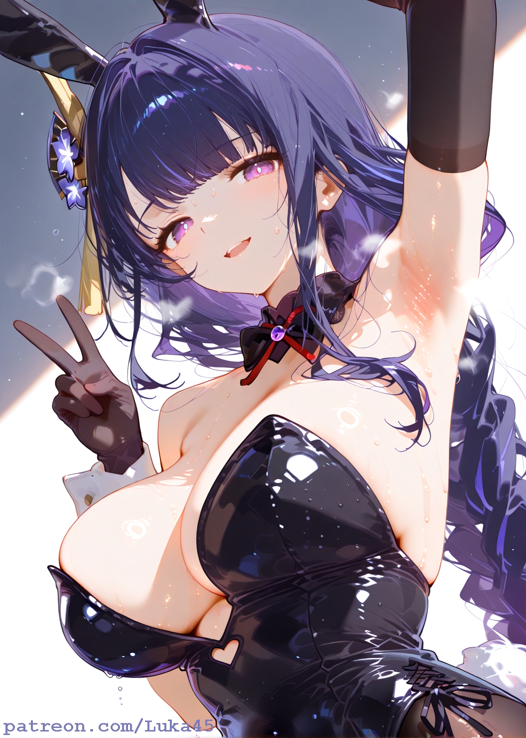 ai generated, armpit, arms up, big breasts, breasts, bunny ears, bunny girl, bunnysuit, female, genshin impact, gloves, hair ornament, happy, hoyoverse, large breasts, long hair, luka45, mihoyo, open mouth, patreon, patreon reward, patreon url, patreon username, peace sign, purple eyes, purple hair, raiden ei, raiden shogun, ribbon, solo, wet, wet body