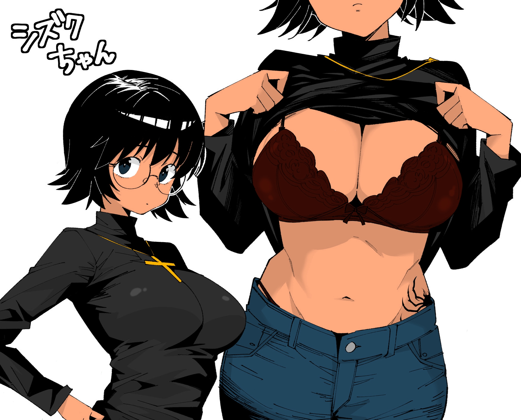 anime, anime girl, anime style, big ass, big breasts, big butt, black bra, black hair, black shirt, black sweater, black tattoo, blue eyes, blue jeans, bra, breasts, cleavage, clothes lift, clothes pull, clothes up, color, colored, commentary request, cross, cross necklace, denim, female, glasses, greyscale, henyaan (oreizm), highres, hunter x hunter, jeans, jeans down, jewelry, large breasts, lifting own clothes, lifting shirt, lingerie, lingerie bra, long sleeves, looking at viewer, manga, manga style, monochrome, navel, necklace, phantom troupe, pulling up shirt, red bra, round eyewear, shirt lift, shizuku murasaki, short hair, showing breasts, showing off, simple background, spider tattoo, stomach, sweat, sweater, sweater lift, tattoo, tattoo on belly, turtleneck, turtleneck sweater, underwear, white background, white skin, white woman