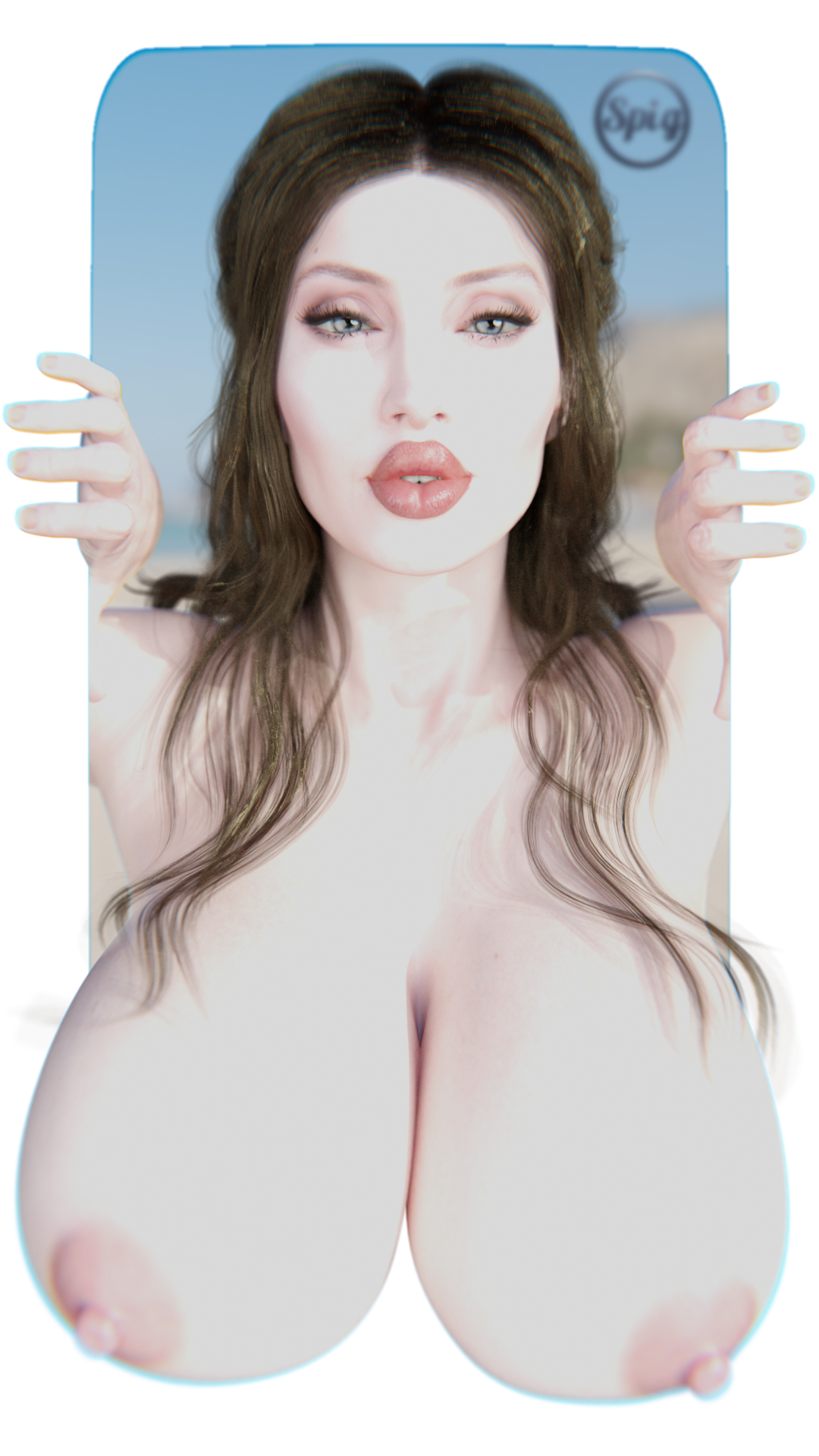 3d, 3d (artwork), 3d model, 3d render, angelina jolie, big lips, blender (artwork), blender (software), blender cycles, blue eyes, brown hair, brunette hair, celebrity, coming out of screen, eyelashes, huge breasts, large areolae, looking at viewer, thespig