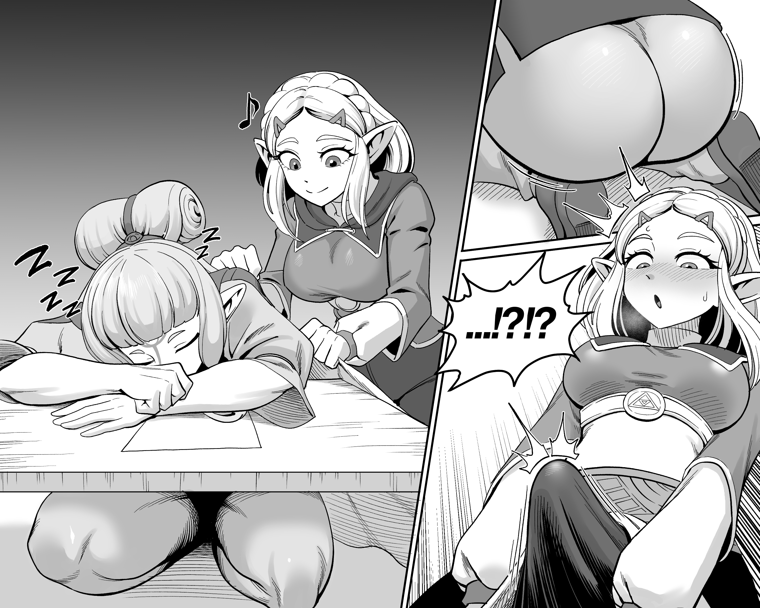 :o, !?, ..., 1futa, 1girls, ass, breasts, closed eyes, clothed, clothing, erection, erection under clothes, female, futa on female, futa/female, futanari, gradient background, huge cock, intersex, medium breasts, medium hair, monochrome, nintendo, open mouth, paya (the legend of zelda), penis, pointy ears, princess zelda, rape, size difference, sleep molestation, sleeping, smile, speech bubble, surprised, sweat, tears of the kingdom, tekkin papa, the legend of zelda, zelda (tears of the kingdom), zzz