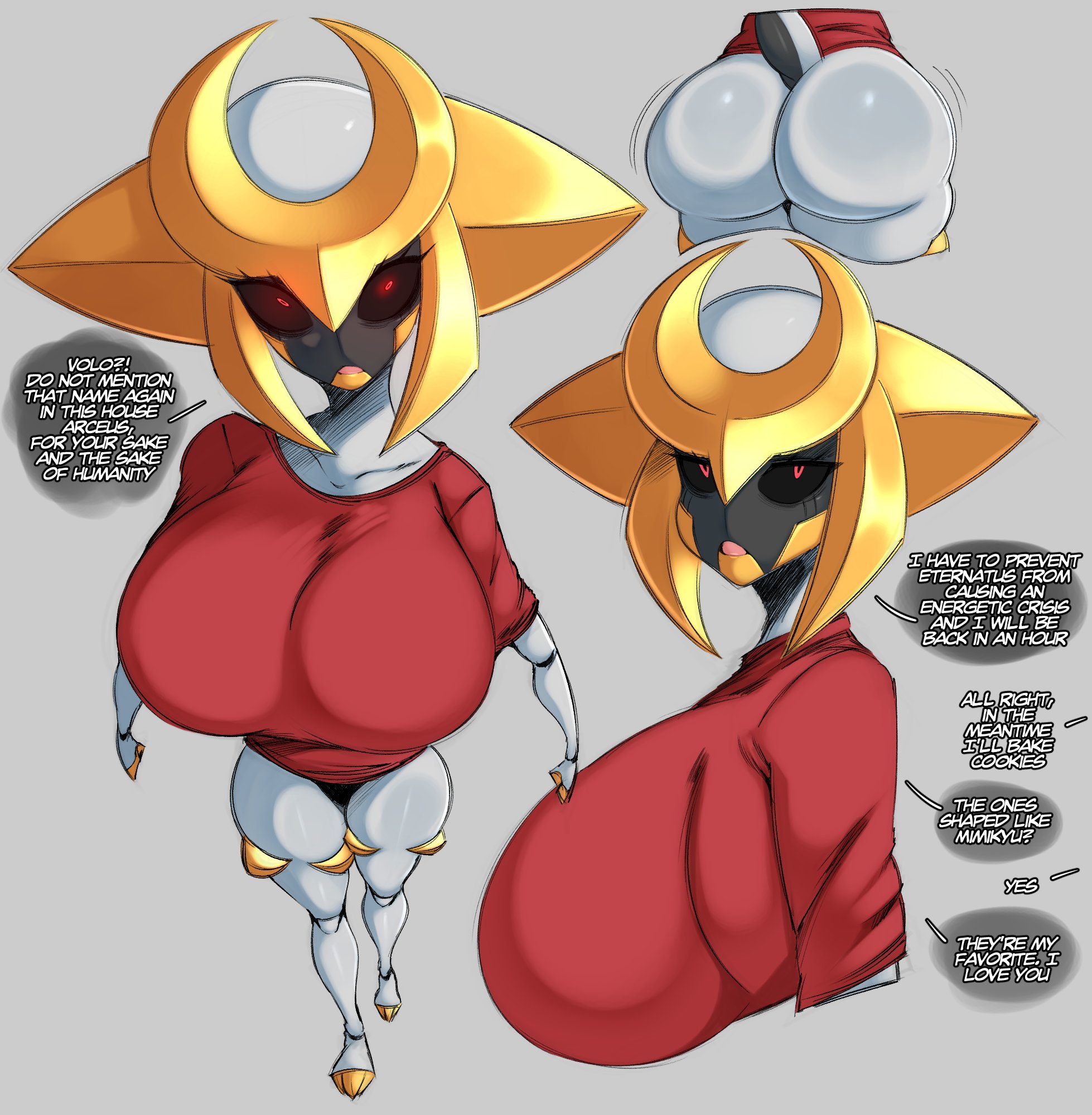 1girls, anthro, ass, big ass, big breasts, black sclera, breasts, dialogue, english text, female, female anthro, female giratina, female only, generation 4 pokemon, giratina, grey background, heart-shaped pupils, hi res, huge breasts, legendary pokemon, looking at viewer, nintendo, pokemon, pokemon (species), red eyes, saltyxodium, solo, speech bubble, t-shirt, talking to viewer, thick ass