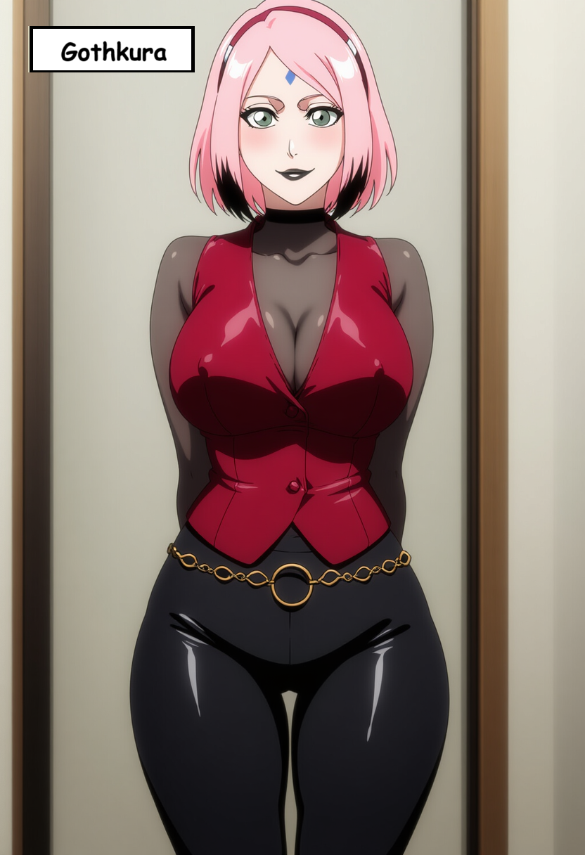 ai_generated black_tip goth goth_girl green_eyes large_breasts naruto_(series) pink_hair sakura_haruno selvokaz wide_hips