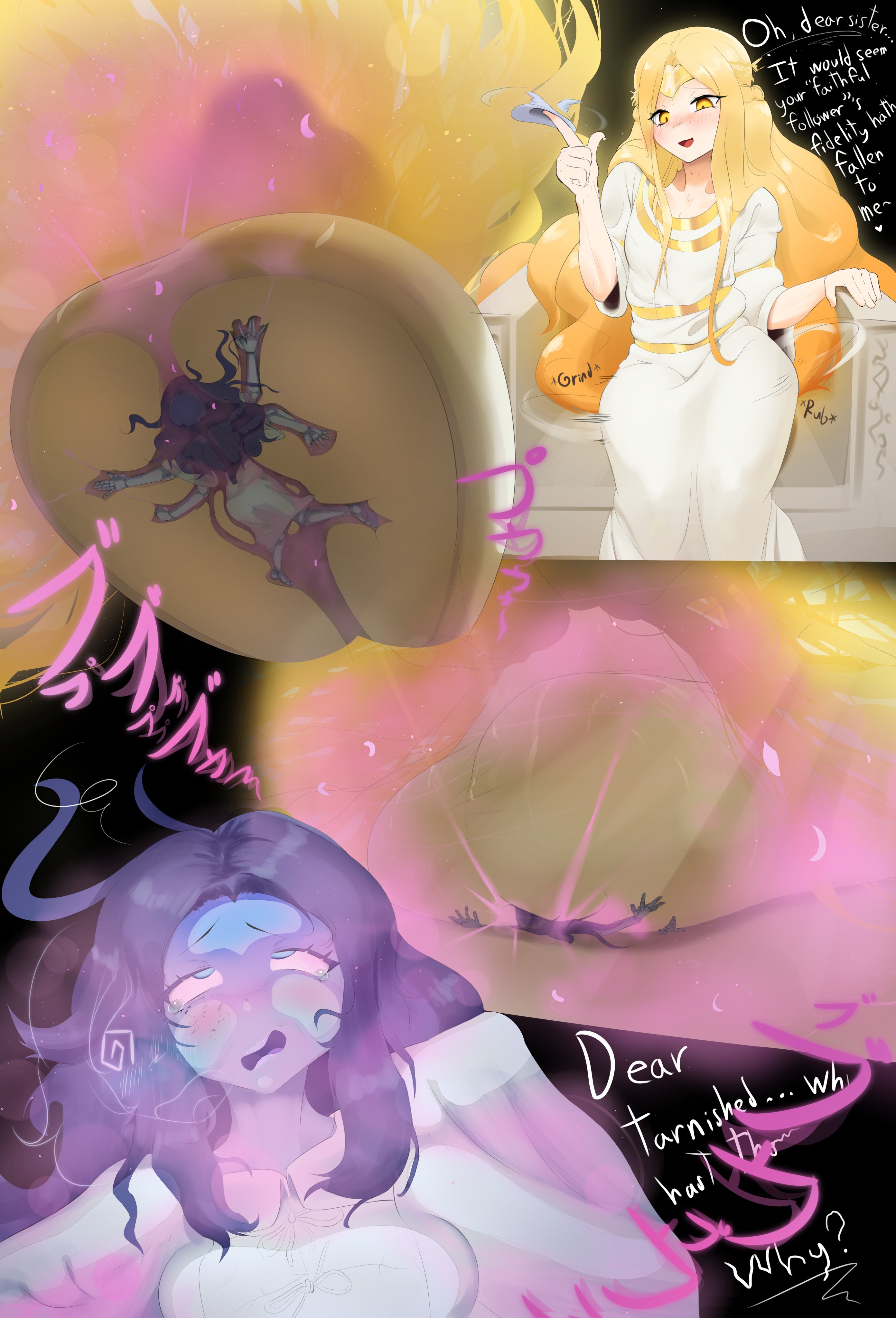 1boy, 1girls, ass, big ass, blonde hair, breppy (artist), dialogue, elden ring, facefart, facesitting, fart, fart torture, female, femboy, femboy on female, femboydom, femsub, fromsoftware, giant, girly, larger male, long hair, macro, male, male facesitting female, male fart, maledom, miquella, ranni the witch, shadow of the erdtree, sitting on another, sitting on person, size difference, smaller female, tagme, text, unusual fart