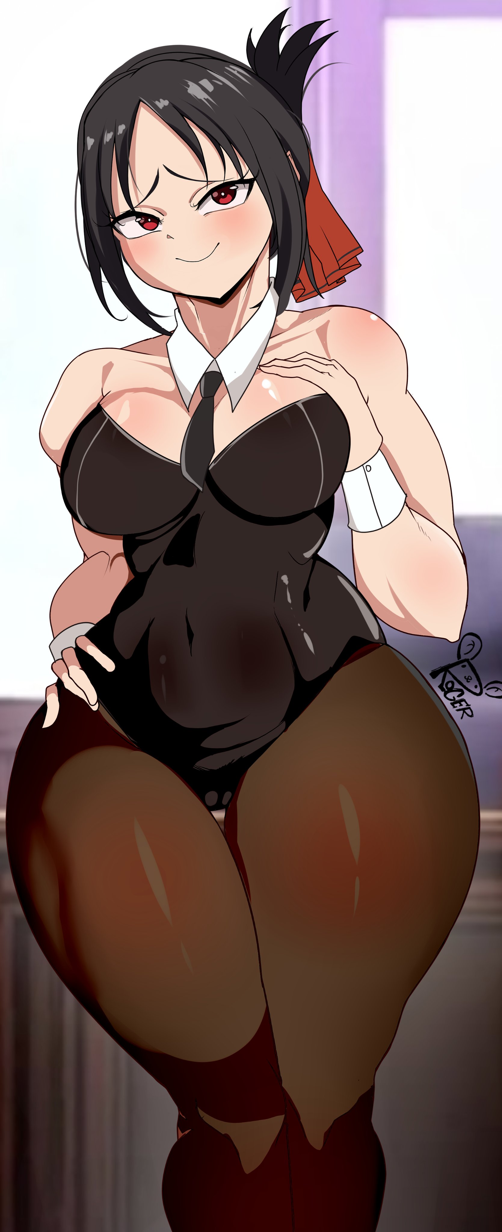 1girls, alternate version available, big breasts, black hair, breasts, bunny girl, bunnysuit, clothing, curvaceous, curvy, curvy figure, female, female only, fully clothed, hand on hip, huge breasts, kaguya-sama wa kokurasetai ~tensai-tachi no renai zunousen~, looking at viewer, pussy, pussy outline, red eyes, roger (artist), shinomiya kaguya, solo, solo female, thick thighs, voluptuous, voluptuous female, wide hips