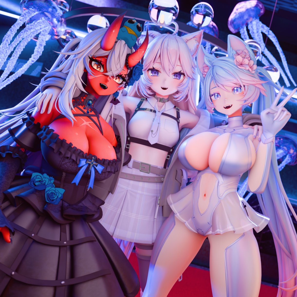 :d, 3d, 3d (artwork), 3girls, ahoge, akumi, animal ears, bangs, bare shoulders, blue eyes, blush, breasts, center opening, choker, cinderella (nikke), cinderella (nikke) (cosplay), cleavage, cowboy shot, dark skin, detached sleeves, dress, elbow gloves, fangs, female, flower, gloves, goddess of victory: nikke, hair between eyes, horns, jewelry, large breasts, long hair, long sleeves, looking at viewer, multicolored hair, multiple females, multiple girls, navel, necklace, nyatasha nyanners, oerba yun fang, oni horns, open mouth, panties, petals, purple eyes, rose, see-through, shirt, short hair, silver hair, silvervale, skirt, sleeveless, smile, standing, thighhighs, underwear, v, very long hair, virtual youtuber, vyugen, white hair