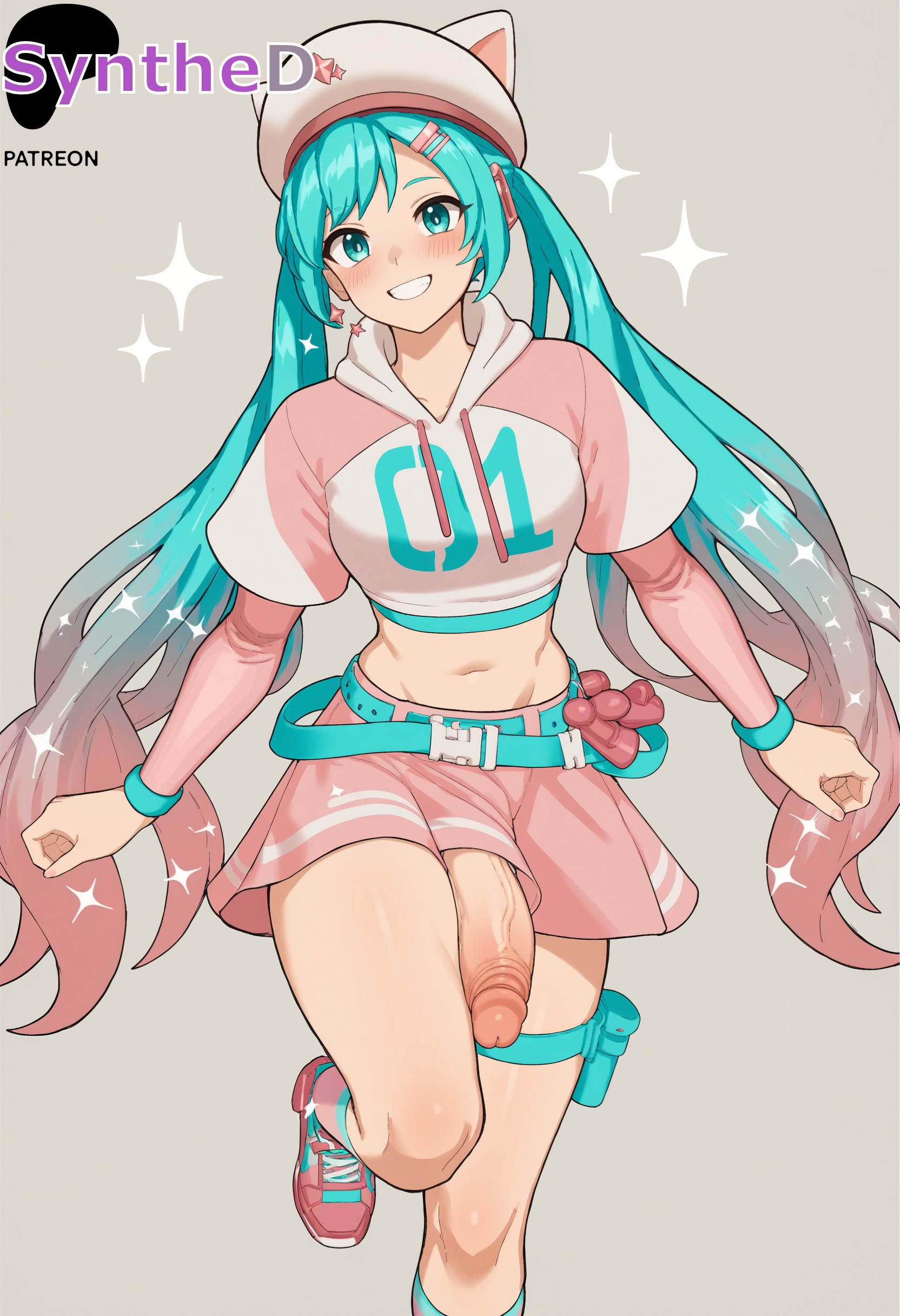 1futa, 1girl, ai generated, animal ear headwear, animal ears, aqua eyes, aqua hair, artist name, artist signature, belt, blue hair, blush, breasts, crop top, cropped hoodie, earrings, erection, fake animal ears, futa sans pussy, futanari, gradient hair, grey background, grin, hair ornament, hairclip, hat, hatsune miku, hi res, high resolution, highres, hood, hoodie, intersex, jewelry, large penis, layered sleeves, long hair, long sleeves, looking at viewer, midriff, miniskirt, multicolored hair, navel, patreon, penis, pink hair, pink skirt, shirt, shoes, simple background, skirt, smile, sneakers, socks, solo, synthed, thigh strap, twintails, uncensored, veins, veiny penis, very long hair, vocaloid