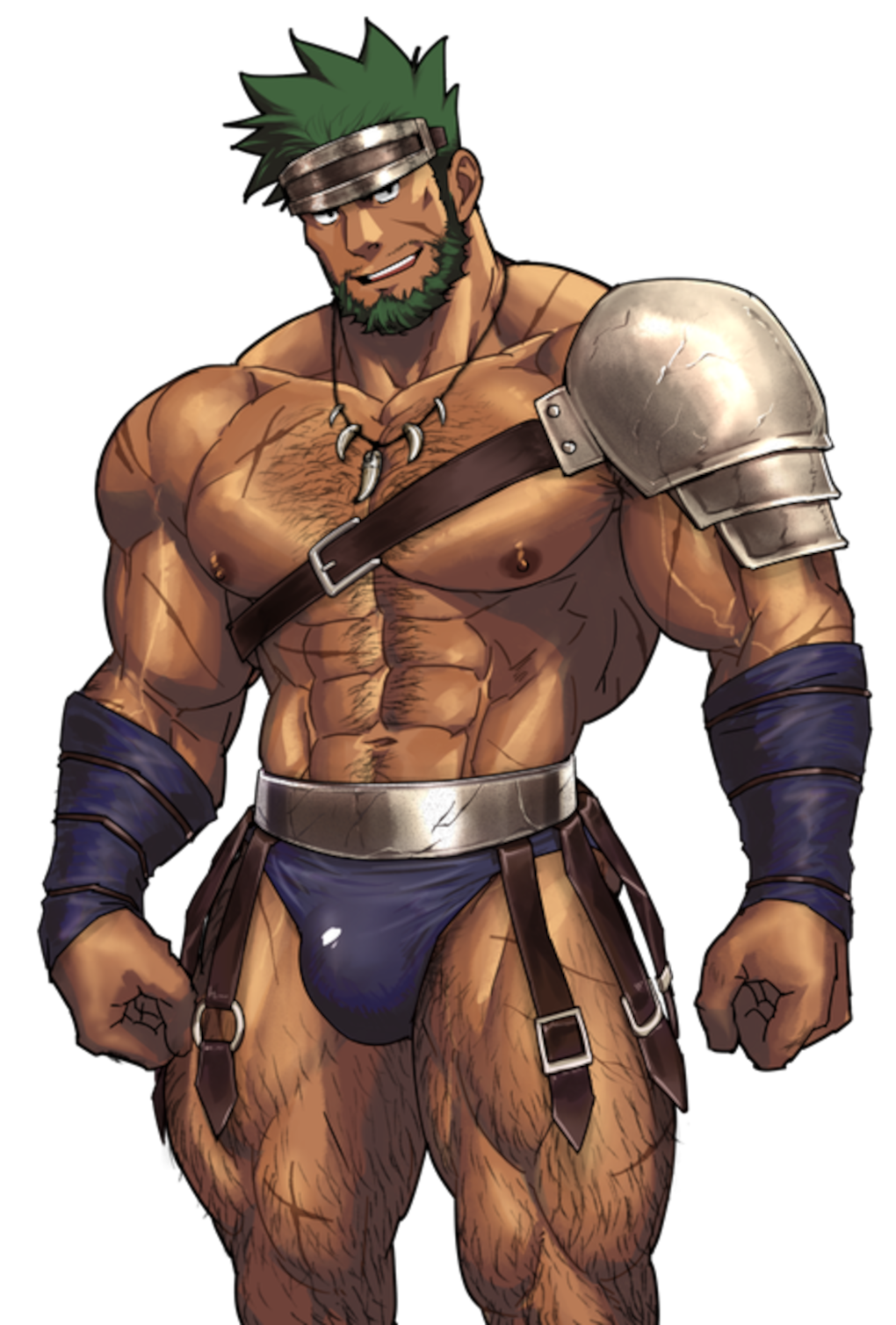 armband armor bara beard green_beard green_hair grin hairy_arms hairy_body hairy_chest hairy_legs jockstrap looking_at_viewer male male_only manly muscular muscular_arms muscular_legs muscular_male necklace nipples no_background satyroom scar sexy shoulder_pad