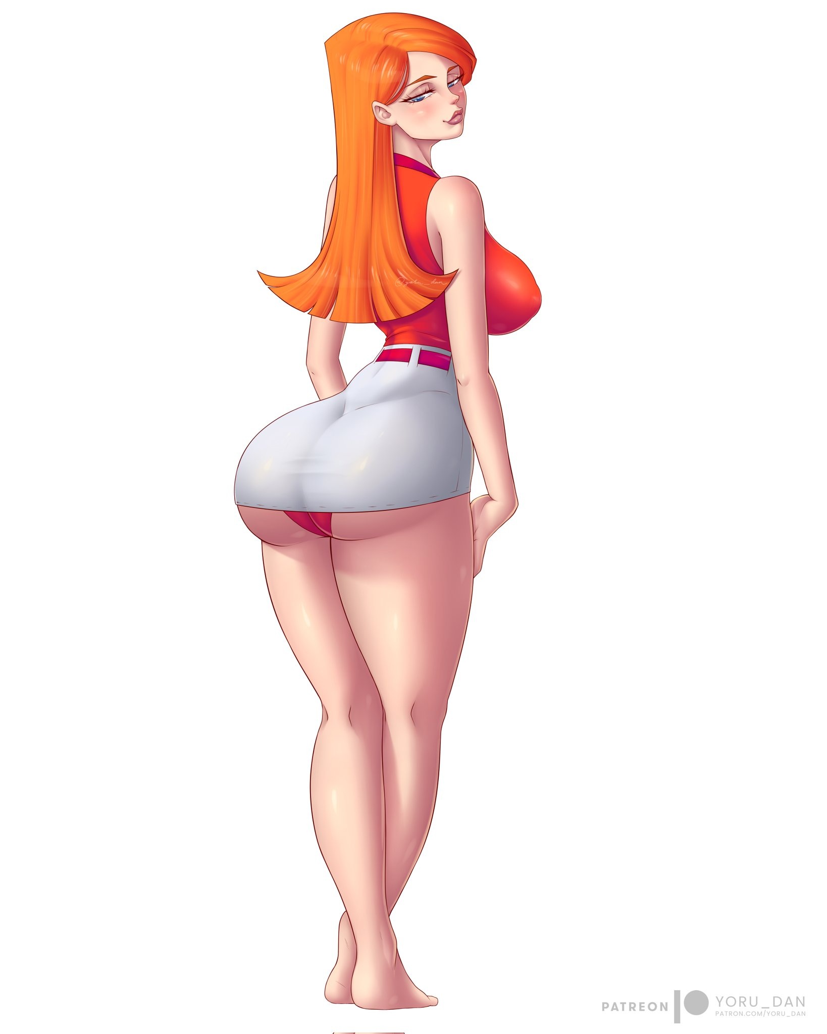 1girls, ass, bare shoulders, barefoot, big ass, big breasts, big butt, blue eyes, breasts, bubble ass, bubble butt, candace flynn, disney, disney channel, disney xd, eye contact, fat ass, feet, female, female focus, female only, ginger, hips, human, human only, large ass, large breasts, large butt, long hair, looking at viewer, orange hair, orange-haired female, panties, phineas and ferb, skirt, solo, solo female, standing, thick, thick ass, thick thighs, thighs, white background, white female, wide hips, yoru dan