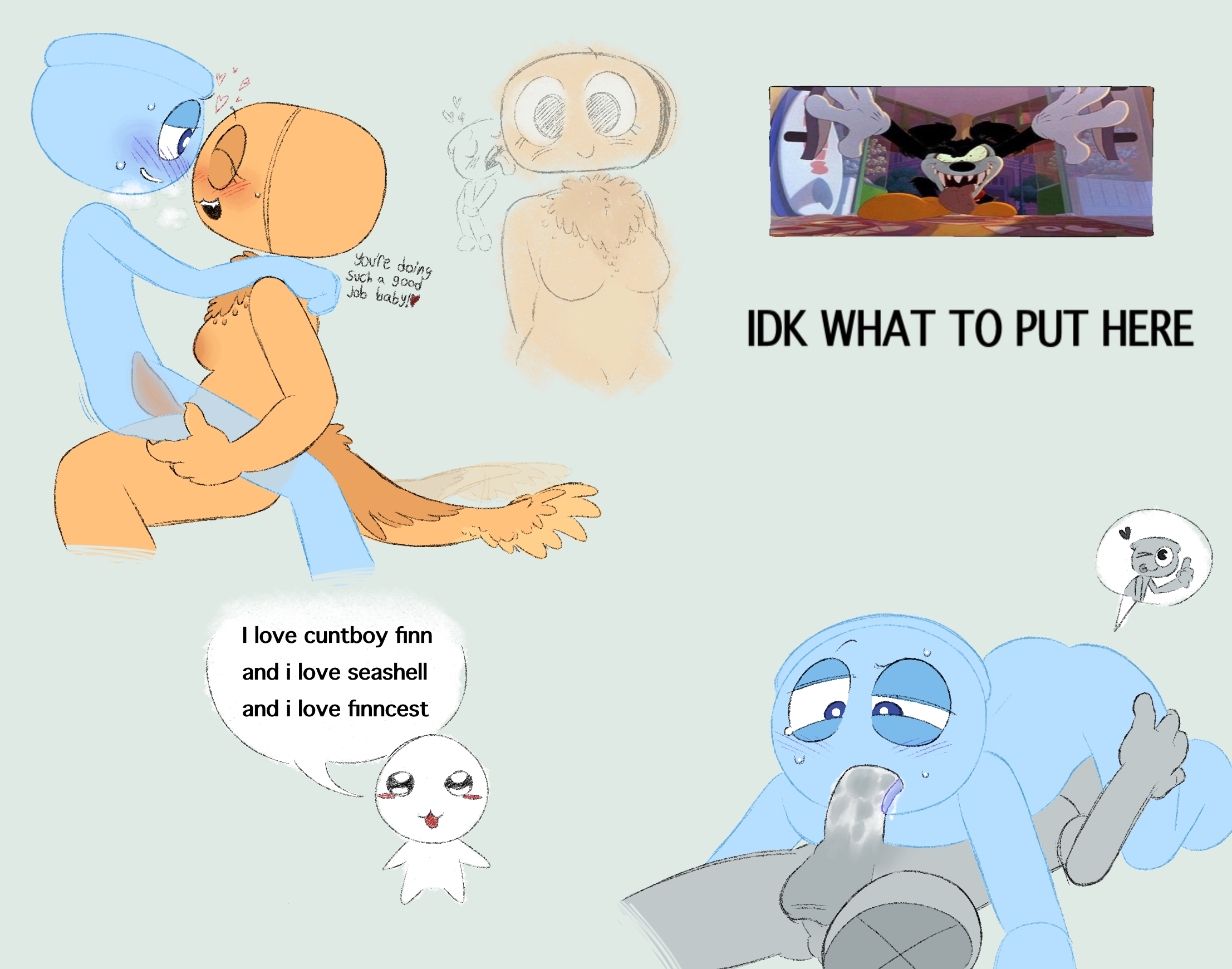 69, balls, cuntboy, dandy's world, dick sucking, eating pussy, fellatio, finn (dandy's world), futanari, intersex, mosasurr, oral, penis, pussy, see-through, selfcest, shelly (dandy's world), testicles, vintage finn