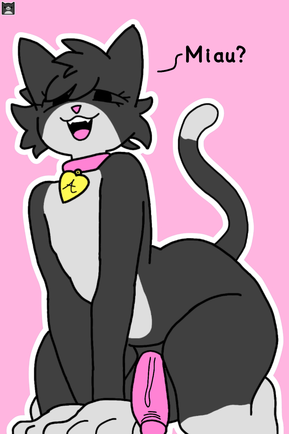 2d, anthro, balls, choker, cube 98 (geometry dash), fat ass, feline, femboy, furry, gay, geometry dash, leonardo2104, luxxdv, male, penis, simple background, solo, submissive, text