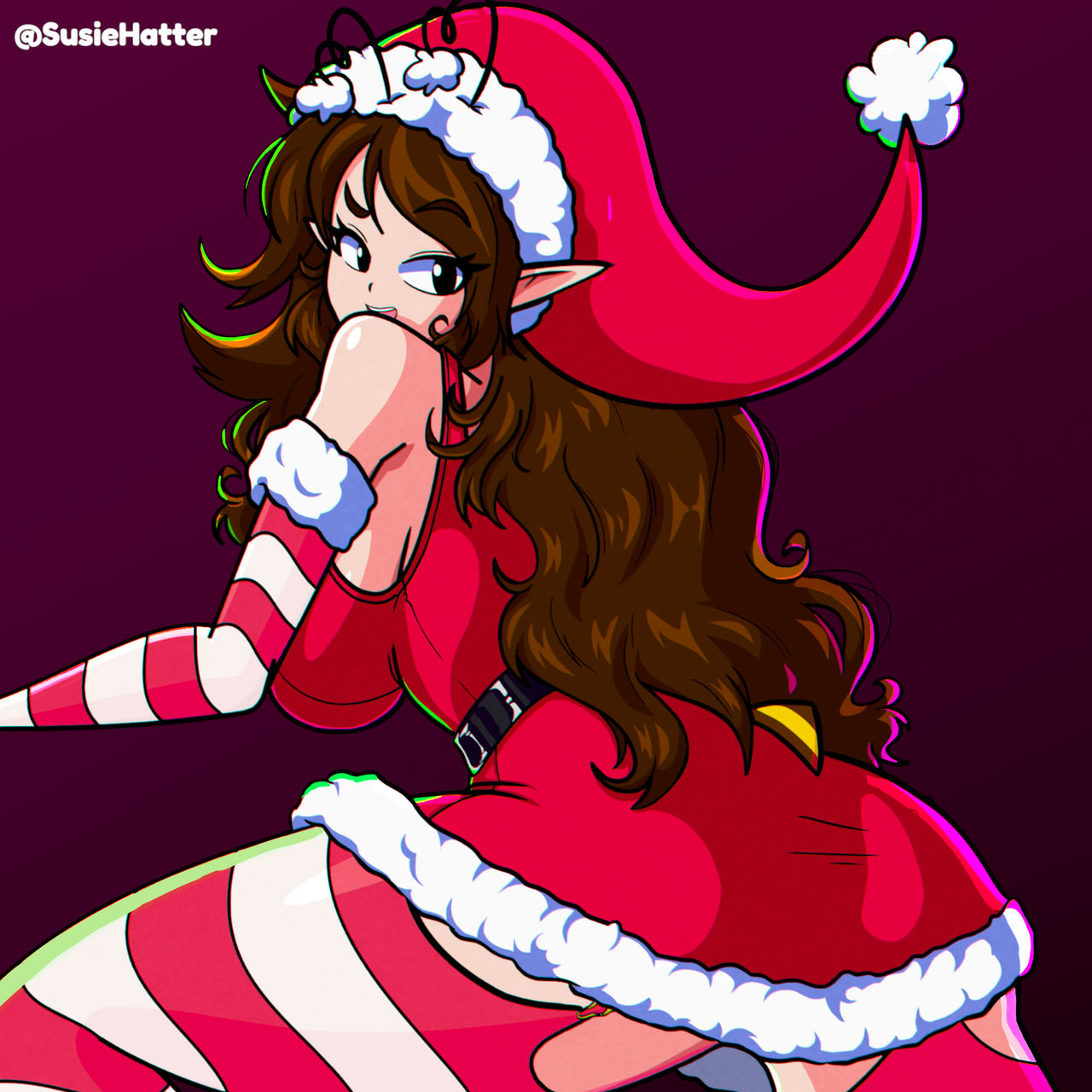 bee bee_girl big_breasts breasts brown_hair christmas female looking_back naked_female santa_costume seductive_look susiehatter voluptuous_female