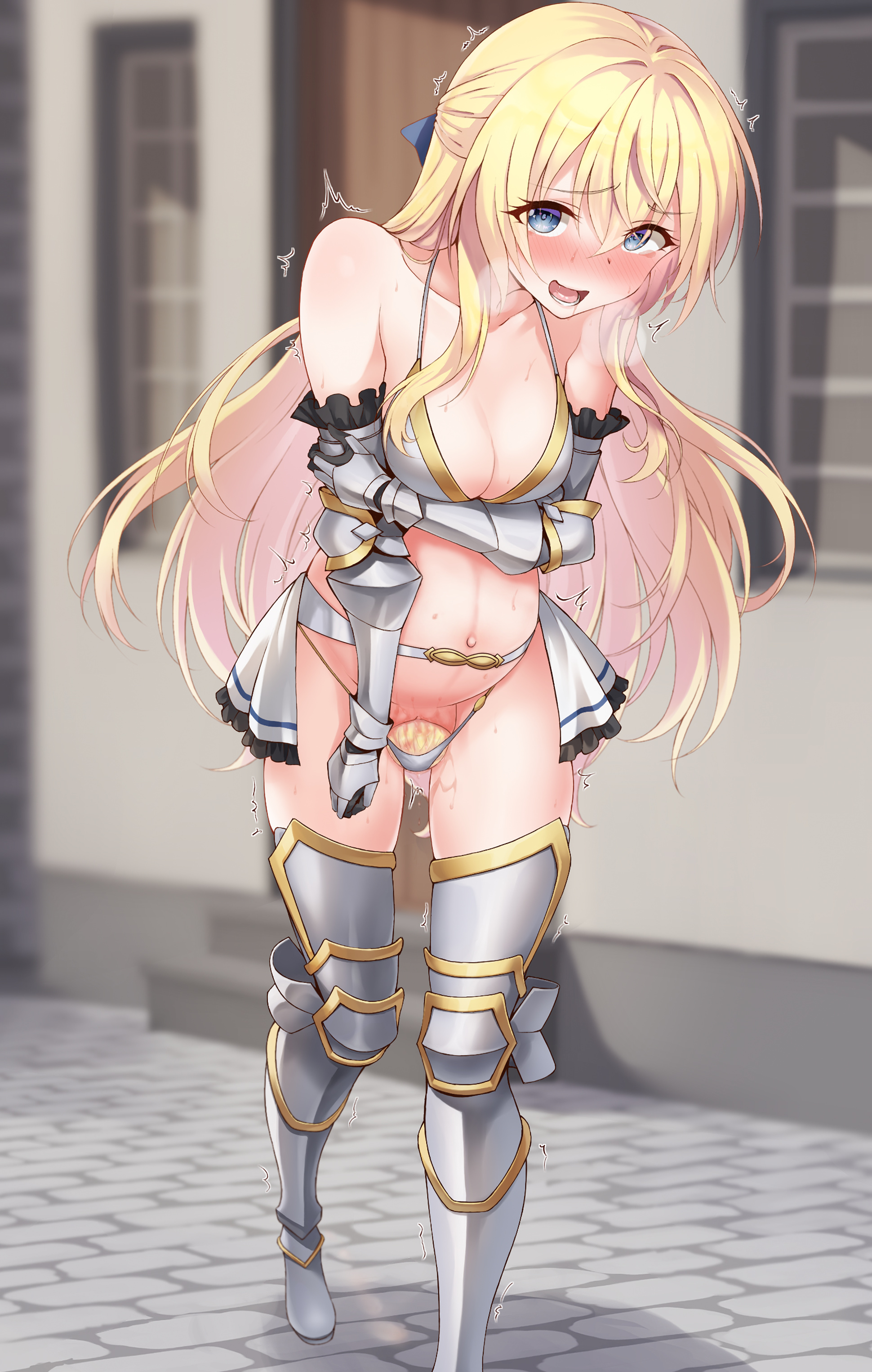 1girls, armor, bikini armor, birth, birth denial, blocked birth, blonde hair, blue eyes, blush, bodily fluids, breasts, clothed birth, clothing, crowning, depth of field, female, female only, flustered, goblin slayer, linea nigra, long hair, navel, normal birth, outdoors, outie navel, panties, panty birth, pregnant, priestess (goblin slayer), pussy, pussy juice, pussy juice trail, revealing clothes, running bond, solo, third-party edit, tremble lines