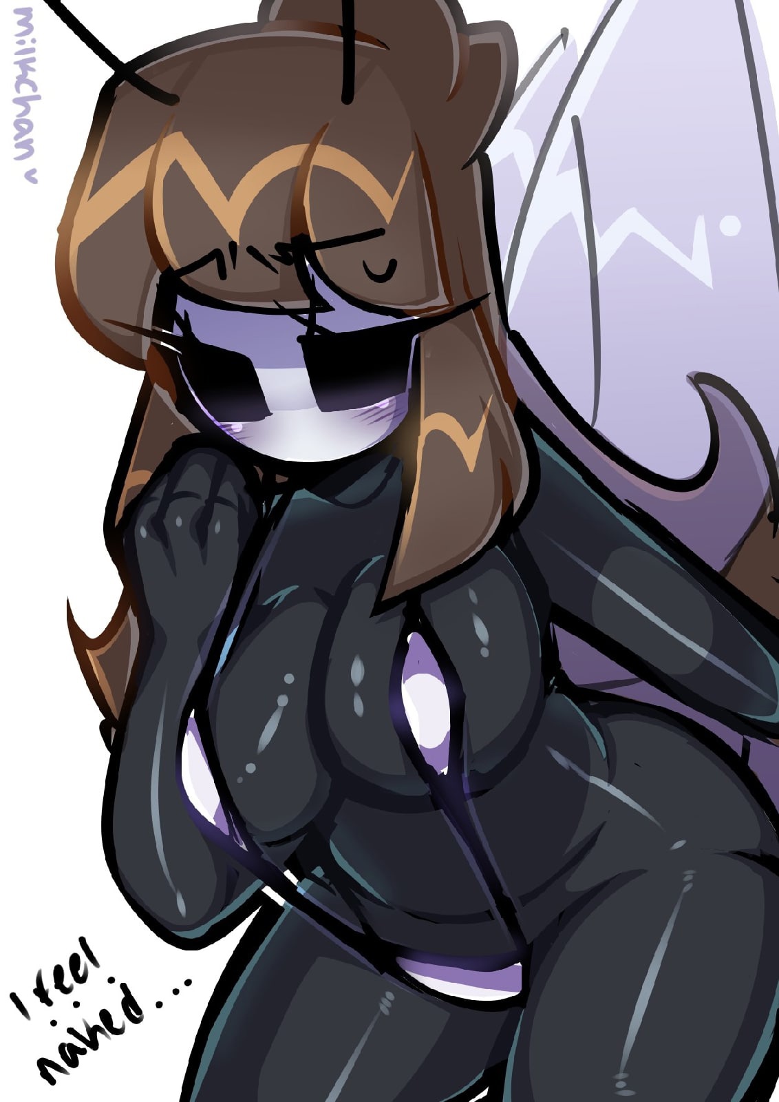 1girls, bangs, black body, breasts, brown hair, clothed, clothing, female, hollow knight, humanoid, long hair, miilkchan, mostly nude, ruri (miilkchan), solo, text, wings