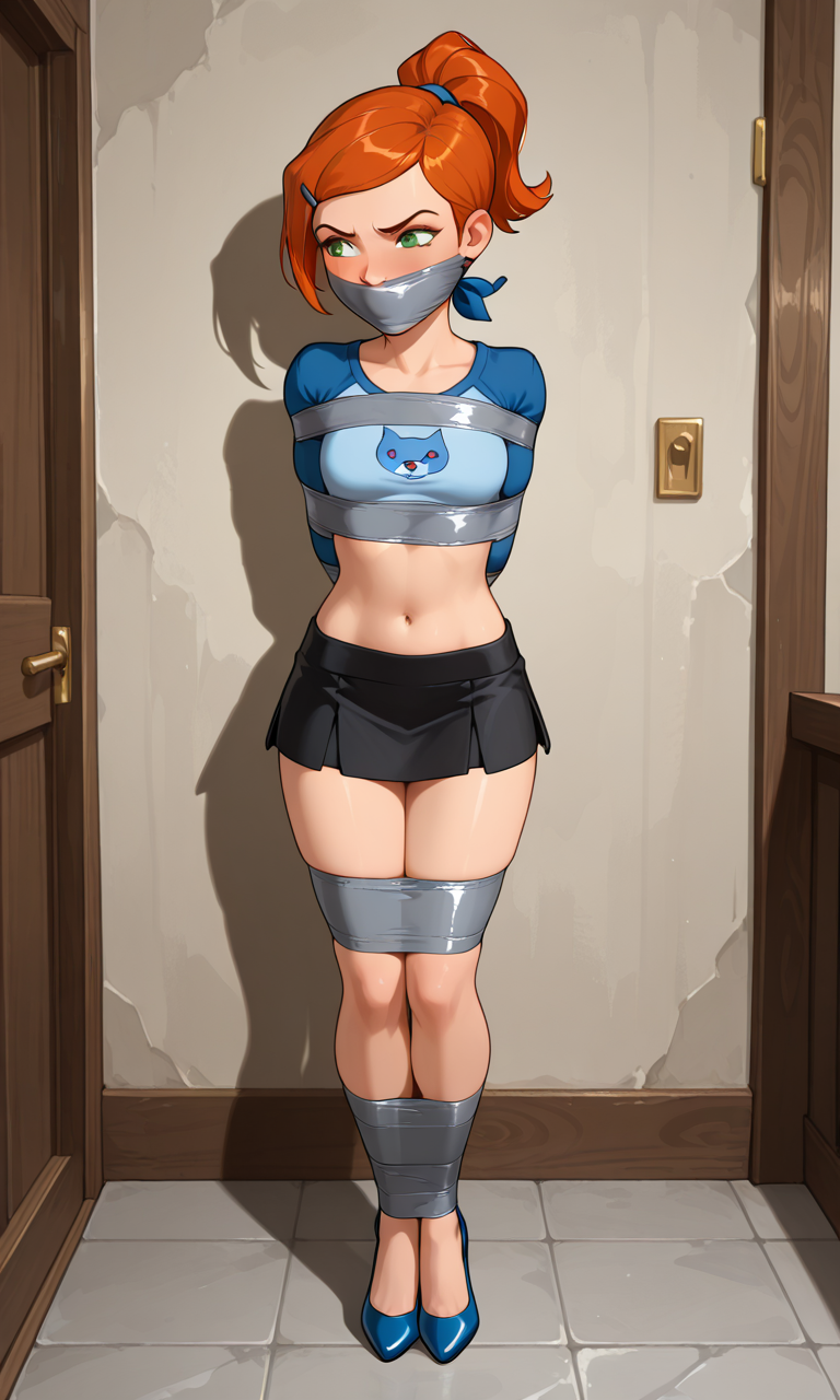 ai generated, arms behind back, artist request, ben 10, bondage, breasts, cartoon network, female, femsub, gagged, ginger, gwen tennyson, kidnapped, red hair, restrained, skirt, small breasts, tagme, tape bondage, taped mouth, teenage female, teenager, thighs, tiny female, young female
