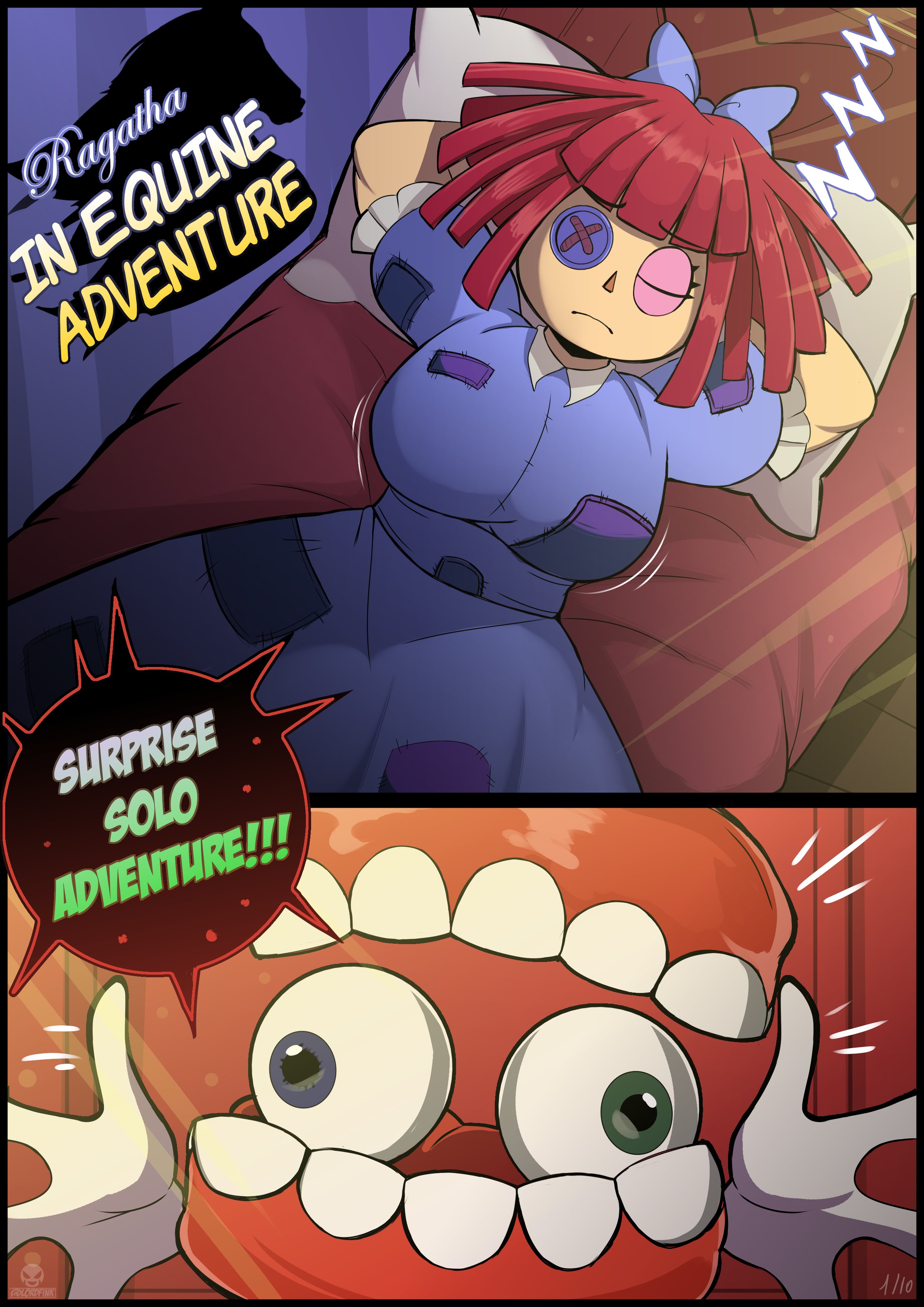 1girls, caine (the amazing digital circus), comic, dialogue, female, glitch productions, lordfink, ragatha (the amazing digital circus), red hair, sleeping, text, the amazing digital circus, zoophilia