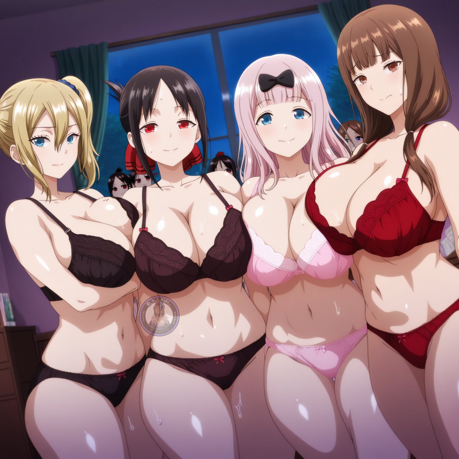 4girls, ai generated, breasts, female, female only, fujiwara chika, hayasaka ai, iino miko, kaguya-sama wa kokurasetai ~tensai-tachi no renai zunousen~, large breasts, light skin, light-skinned female, looking at viewer, pink hair, shinomiya kaguya, shiny skin, thick thighs, thighs, wet, wide hips, yuukiai
