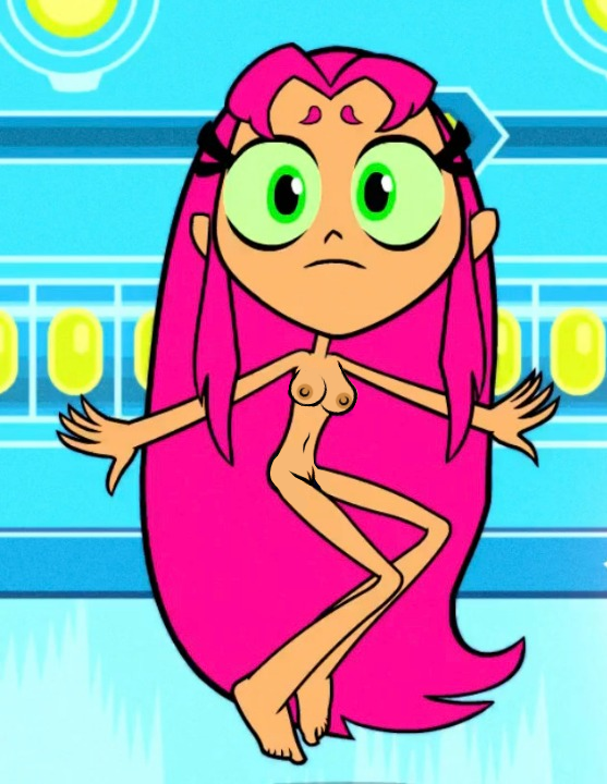 accurate art style, barefoot, belly button, breasts, cartoon network, dc, dc comics, edit, exposed breasts, exposed pussy, female, floating, green eyes, looking at viewer, nipples, pink hair, pussy, starfire, tanned skin, teen titans go, warner brothers