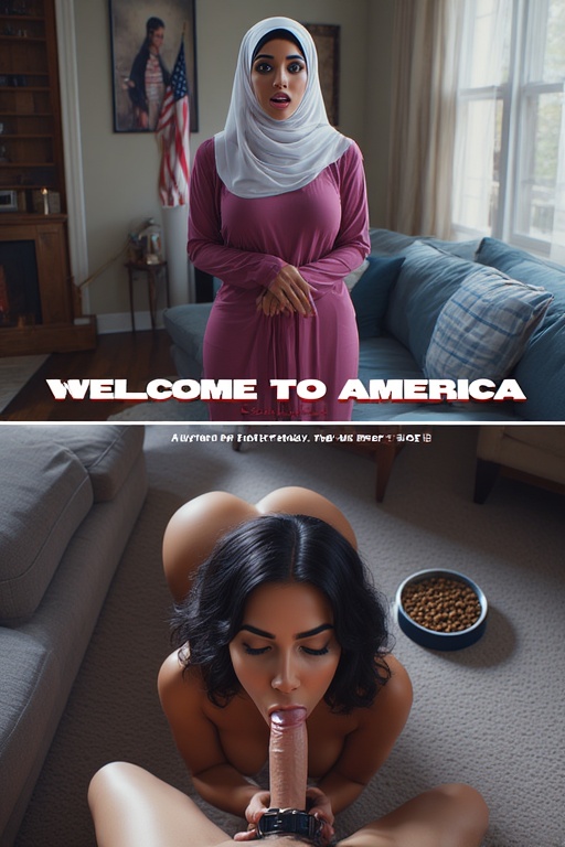 ai generated, america, american flag, arabian, arabian clothes, arabian female, before and after, black hair, bleached, blowjob, breasts, breasts out, caption, fat ass, fellatio, female, forced, forced exposure, forced oral, hijab, light skin, light-skinned male, looking at viewer, male, male pov, nude, oral, partial male, penis, petplay, pov, pov blowjob, pov male, raceplay, racism, racist, scared, sex, sex slave, slave, stripped naked, submissive, sucking penis, tagme, tan skin, tan-skinned female, text, thin waist, transformation, wide hips