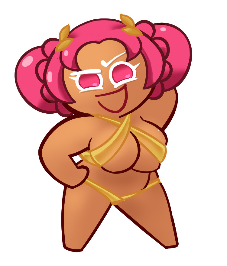 1girls, accurate art style, big breasts, bikini, breasts, chubby, chubby female, cookie run, cookie run kingdom, curvy, curvy female, female, gold bikini, hollyberry cookie, open mouth, raised eyebrows, smile, solo, solo female, solo focus, tagme, thick thighs, zxxxarts