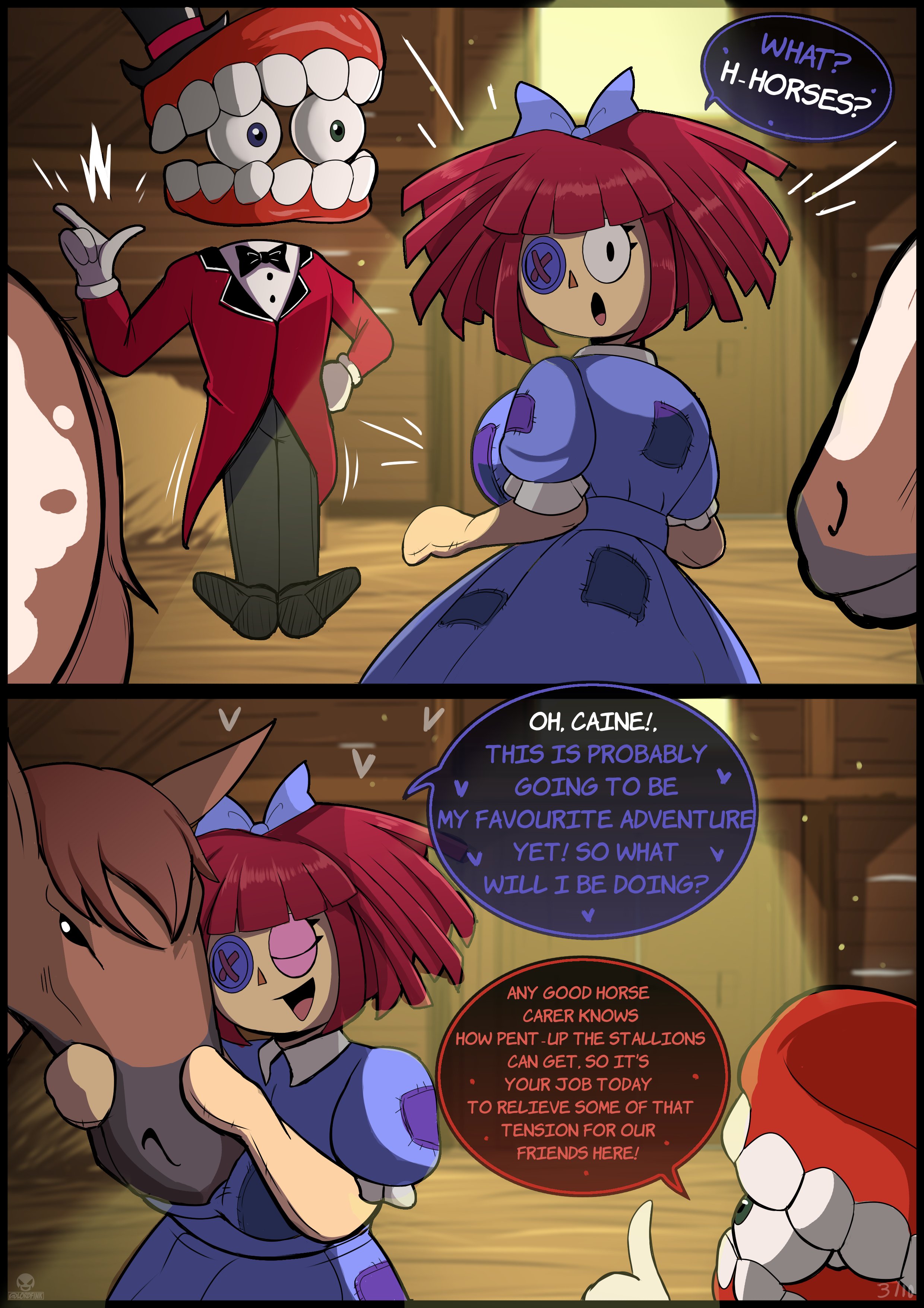 1girls, caine (the amazing digital circus), comic, dialogue, female, glitch productions, hearts, horse, lordfink, ragatha (the amazing digital circus), red hair, text, the amazing digital circus, zoophilia