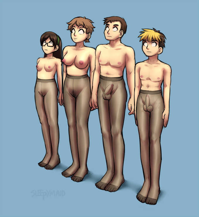 2boys, 2girls, balls, both sexes in same situation, breasts, brown hair, empty eyes, erect nipples, erect penis, erection, erection under clothes, expressionless, female, femsub, glasses, hairband, lineup, long hair, male, male and female focus, male and female subs, malesub, multicolored hair, multiple subs, nipples, pantyhose, penis, pubic hair, short hair, sleepymaid, standing, standing at attention, take your pick, topless, whitewash eyes