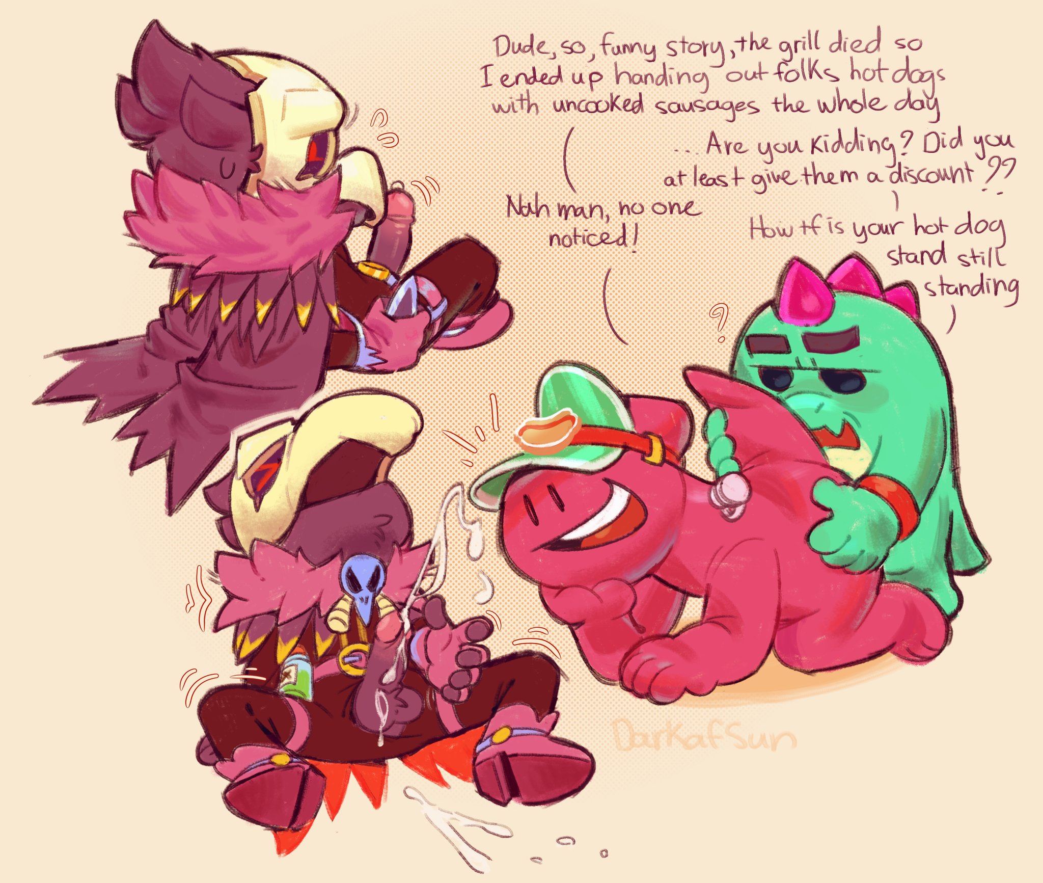 3boys, all fours, anal, anal sex, anthro, anthro on anthro, anthro penetrated, anthro penetrating, ass, ass grab, avian, belt, black eyes, blush, bodily fluids, boots, bracelet, brawl stars, buzz (brawl stars), cape, cloak, clothed, comic, crow, crow (brawl stars), cum, cumming, dagger, darkafsun, dialogue, dinosaur, doug (brawl stars), ejaculation, english dialogue, english text, erection, eyebrows, from behind, fur, furry, gay, genital fluids, genitals, hand on ass, hand on butt, handjob, happy, hat, hi res, hole in pants, male, male only, male/male, masturbation, mouth open, naked, naked male, no eyebrows, nose, noseless, nude, open mouth, orgasm, pink body, pink horns, poison, precum, purple fur, question mark, red bracelet, red eyes, semen, sex, size difference, skull, skull head, skull mask, smile, supercell, tail, teeth, text, tongue, video games, white teeth