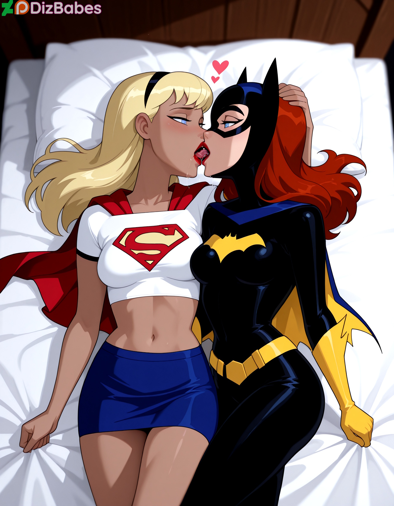 2girls, ai generated, arm around partner, barbara gordon, batgirl, batman (series), batman: the animated series, bed, bedroom, belt, blonde hair, blue eyes, bodysuit, breasts, breasts touching, cape, dc, dc comics, dcau, dizbabes, female, female only, french kiss, gloves, hairband, half-closed eyes, hand on another's head, heart, justice league, justice league unlimited, kara zor-el, kissing, lesbian kiss, lipstick, looking at another, looking at partner, lying, mask, midriff, miniskirt, navel, on back, on bed, red cape, red hair, red lipstick, shirt, stable diffusion, supergirl, superheroine, superman (series), superman: the animated series, t-shirt, the new batman adventures, tongue, tongue kiss, tongue out, yellow gloves, yuri