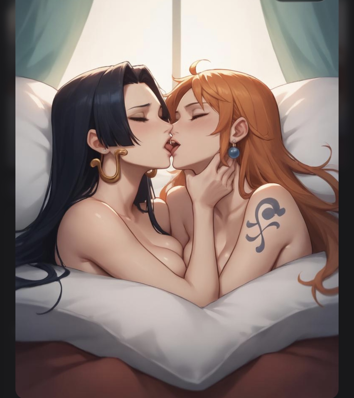 2girls, ai generated, arm tattoo, bed, bedroom, black hair, black-haired female, blue tattoo, boa hancock, boob press, breast press, breasts, chest, female, female focus, female only, handcock, kissing, large breasts, lesbian couple, lesbian kiss, lesbian sex, nami (one piece), nude, one piece, orange hair, orange-haired female, tattoo, yuri