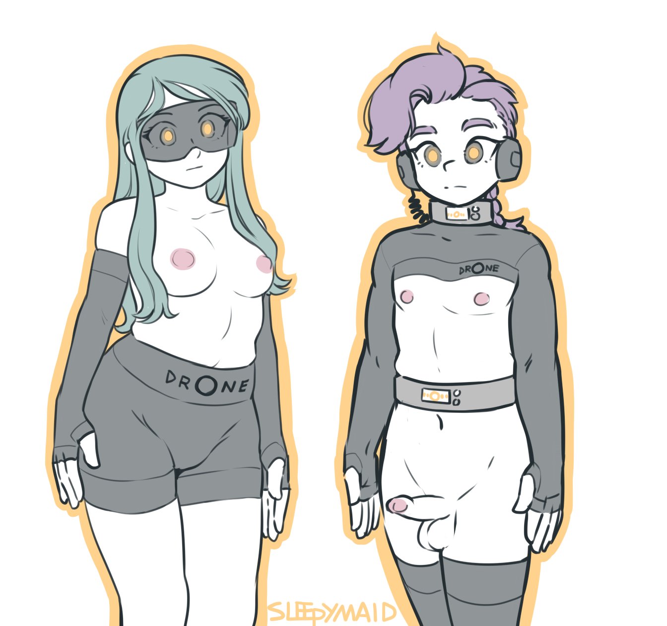 both sexes in same situation, bottomless, breasts, drone, empty eyes, erection, female, femsub, glowing eyes, headphones, male, male and female subs, malesub, multiple subs, original, partially clothed, penis, sleepymaid, standing, standing at attention, tech control, topless, visor, visor (eyewear), white background