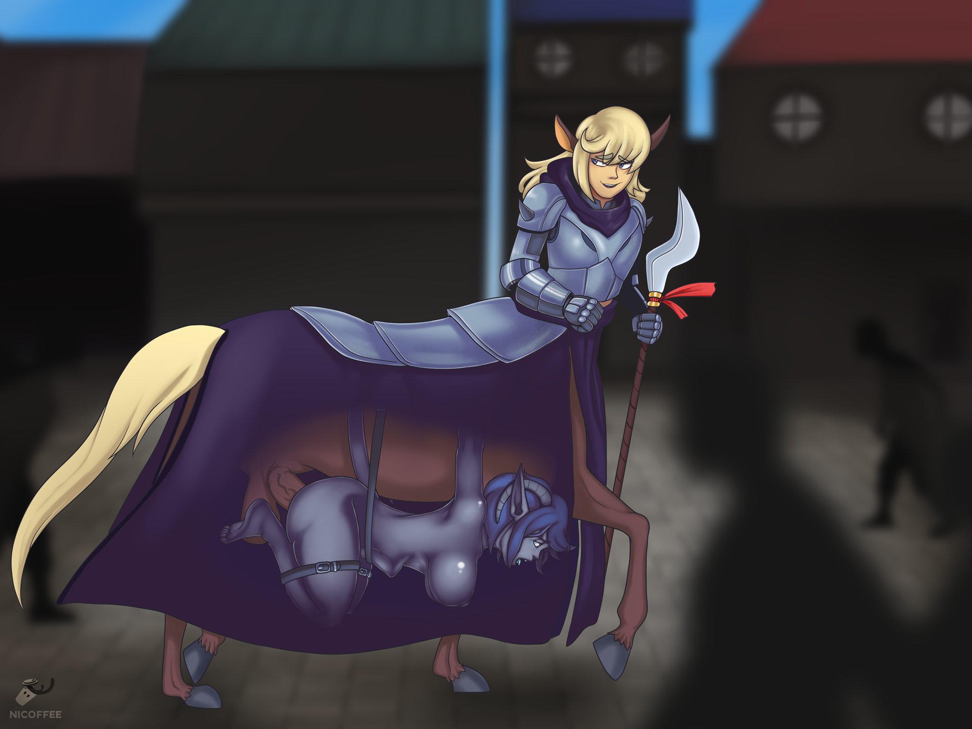 1futa, 1girls, 2020, animal genitalia on humanoid, barefoot, belly riding, bondage, breasts, centaur, dark skin, dark-skinned female, equestrian bondage, feet, female, from side, futa on female, futanari, futataur, hidden, hidden sex, horsecock, horsecock futa, horsecock on humanoid, intersex, living sex toy, medium breasts, monster girl, nicoffee, penis, pussy, sex under clothes, stealth sex, stomach bulge, taur, tied to ride, tiefling, tiefling girl, undercarriage, used like a toy, vaginal penetration, x-ray
