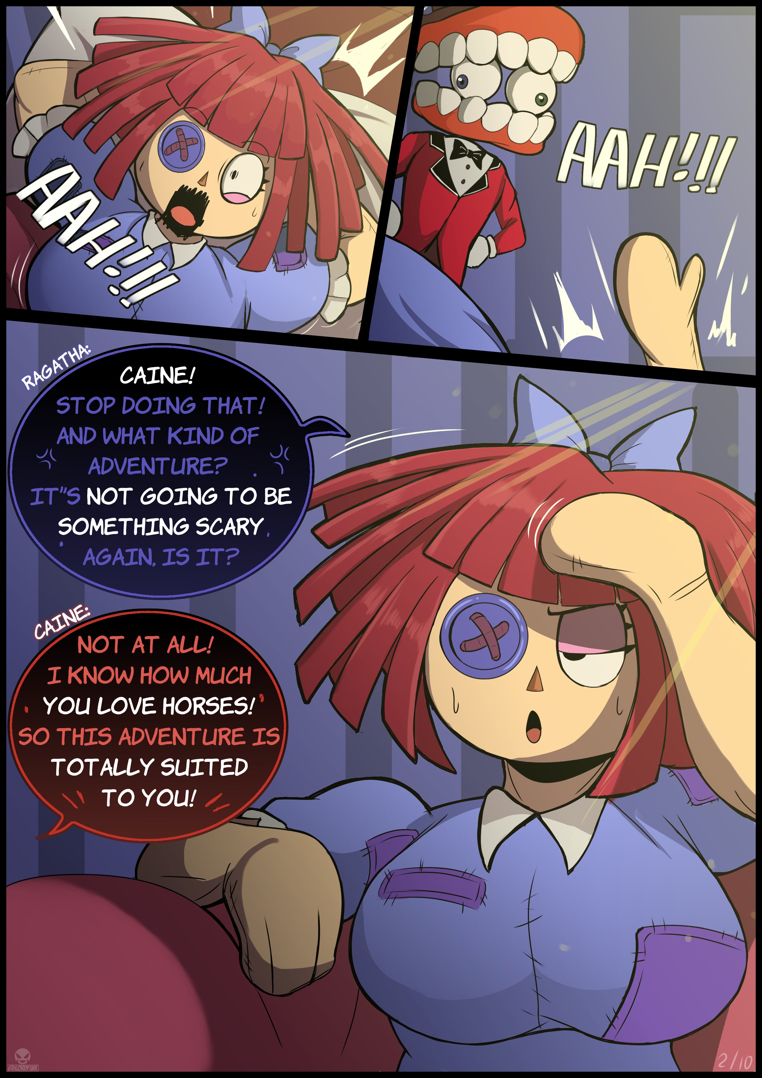 1girls, big breasts, breasts, caine (the amazing digital circus), comic, dialogue, female, glitch productions, lordfink, ragatha (the amazing digital circus), red hair, text, the amazing digital circus, zoophilia