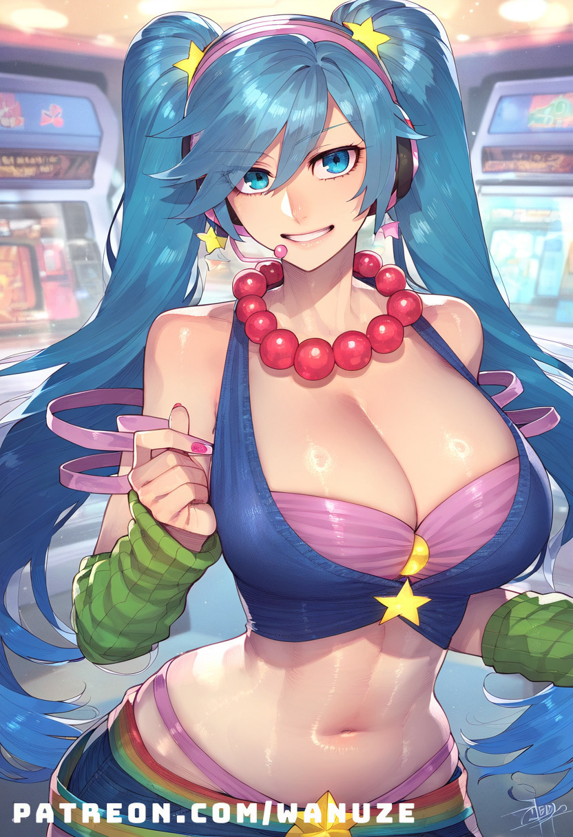 ai generated, arcade, arcade sona, ass, big ass, big breasts, big butt, big thighs, blue eyes, blue hair, blush, breasts, female, female only, huge ass, huge breasts, huge butt, huge thighs, league of legends, multicolored hair, sona (league of legends), sona buvelle, star, twintails, wanuze, wide hips