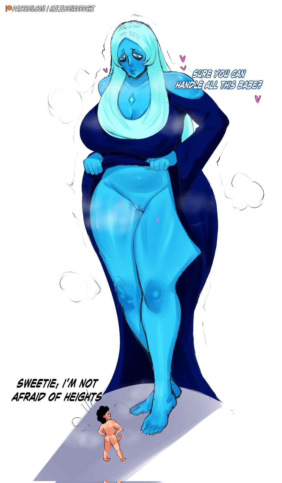 big_breasts blue_body blue_diamond_(steven_universe) blue_eyes blue_hair blue_skin blush fat_butt fat_thighs gigantic_breasts gigantic_butt gigantic_thighs hips milileonaorochi plump puffy_lips pussy pussy_juice smaller_male steven_quartz_universe steven_universe sweat taller_girl thick thick_ass thighhighs