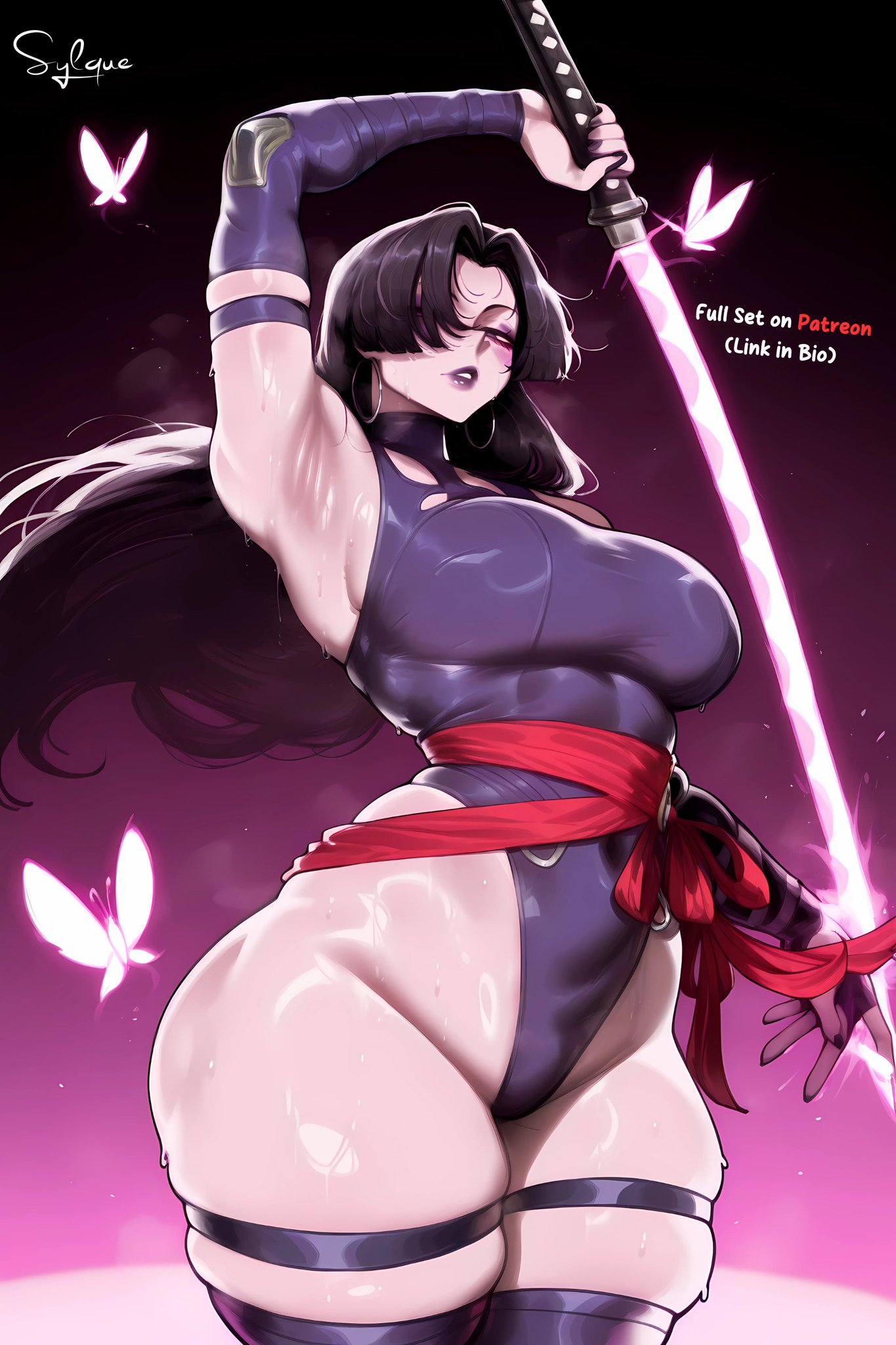 1girls, ai generated, bare arms, bare legs, bare shoulders, bare thighs, big breasts, black hair, breasts, clothed, clothing, color, female, female focus, female only, hi res, large breasts, light skin, light-skinned female, long hair, looking at viewer, marvel, marvel comics, marvel rivals, psylocke, psylocke (sai) (vengeance), purple eyes, solo female, sword, syllque, thick thighs