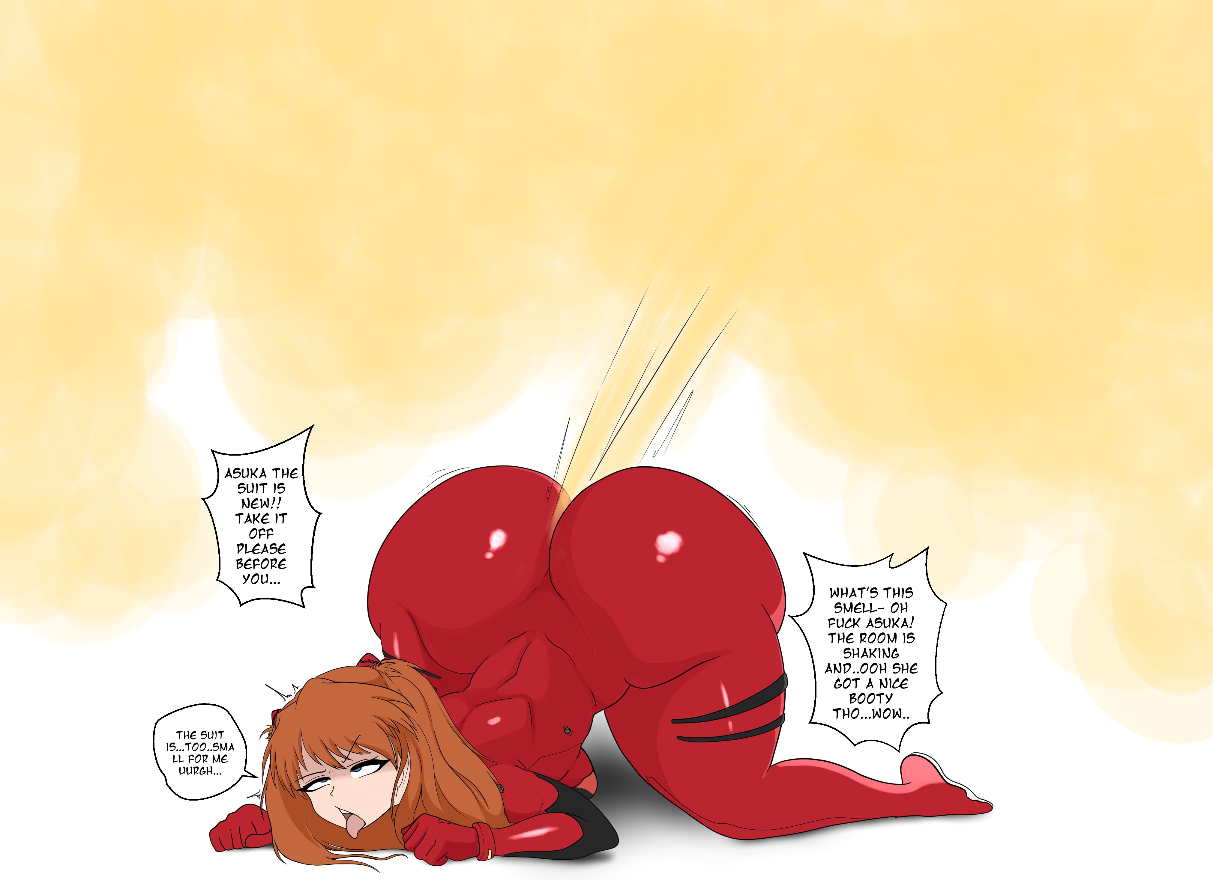 1girls, ass, asuka langley sohryu, bodysuit, dialogue, enjoying farting, fart, female, female only, gigantic ass, huge ass, human, jun-, neon genesis evangelion, solo, solo female, text, voluptuous