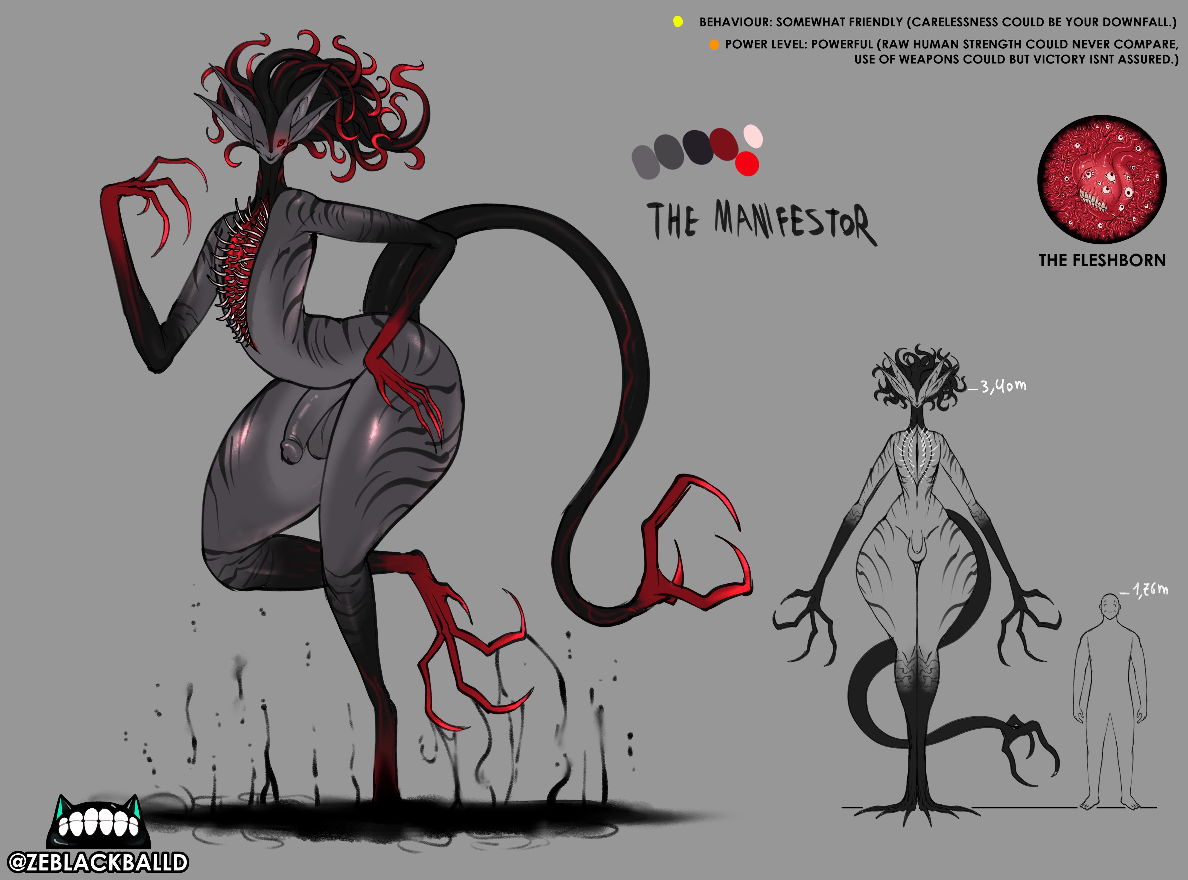 alien, alien boy, cat humanoid, character sheet, chest mouth, eldritch abomination, eldritch horror, huge thighs, long tail, male, male only, nightmare husbando, reference image, reference sheet, size difference, tentacle hair, the manifestor (zeblackballd), tiger print, ze blackball.d, zeblackballd (artist)